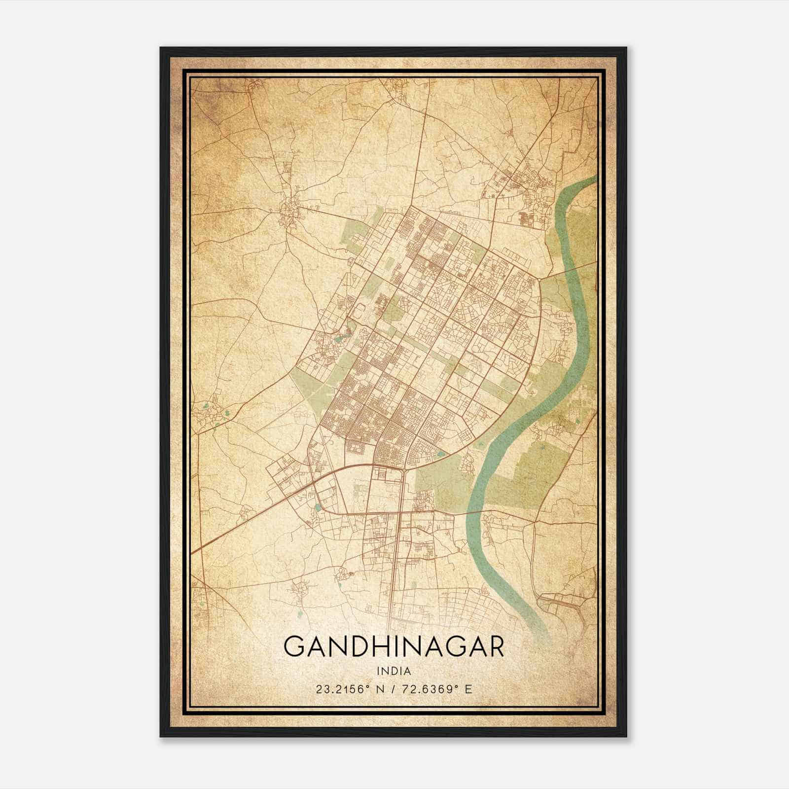 Vintage Gandhinagar India Map Poster, Gandhinagar City Road Wall Art Print