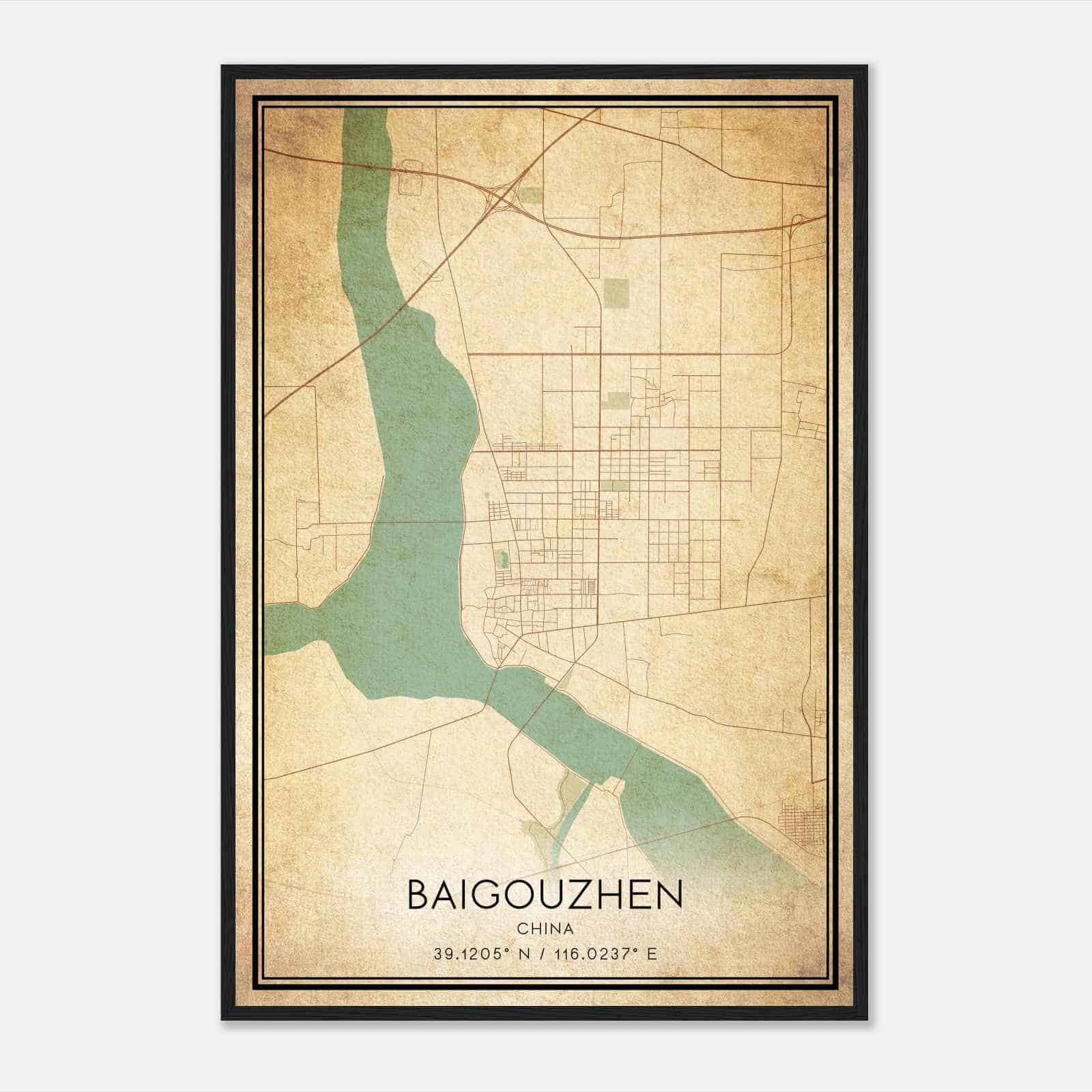 Vintage Baigouzhen China Map Poster, Baigouzhen City Road Wall Art Print