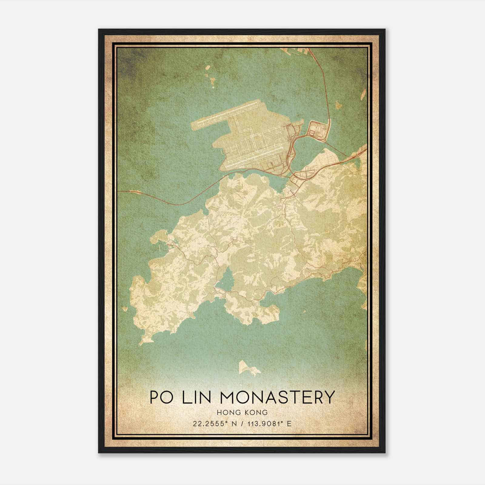 Vintage Po Lin Monastery Hong Kong Map Poster, Po Lin Monastery City Road Wall Art Print