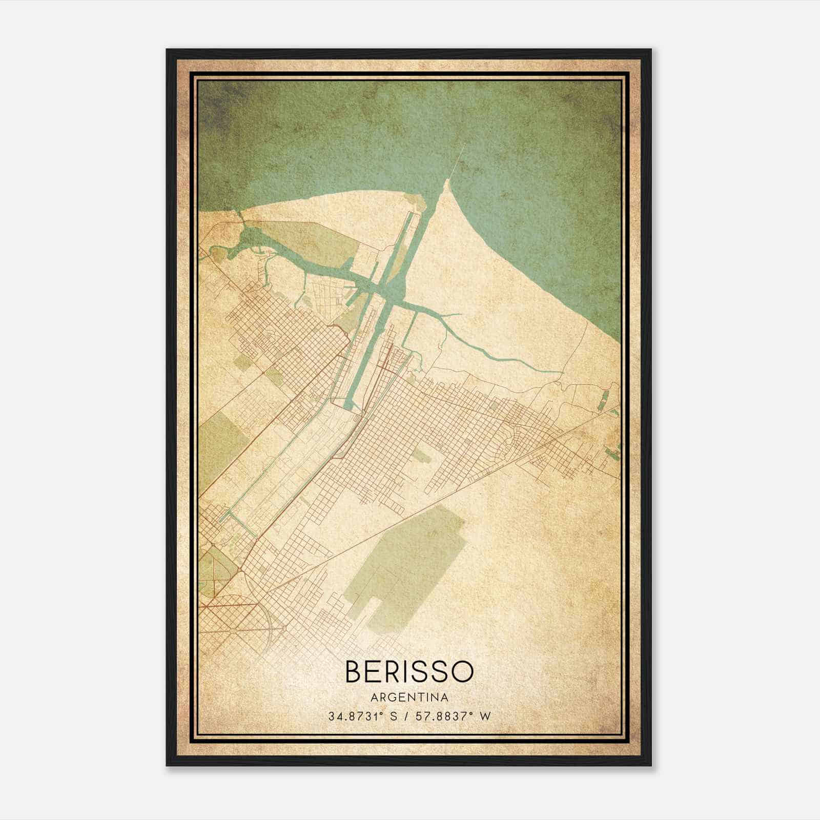 Vintage Berisso Argentina Map Poster, Berisso City Road Wall Art Print