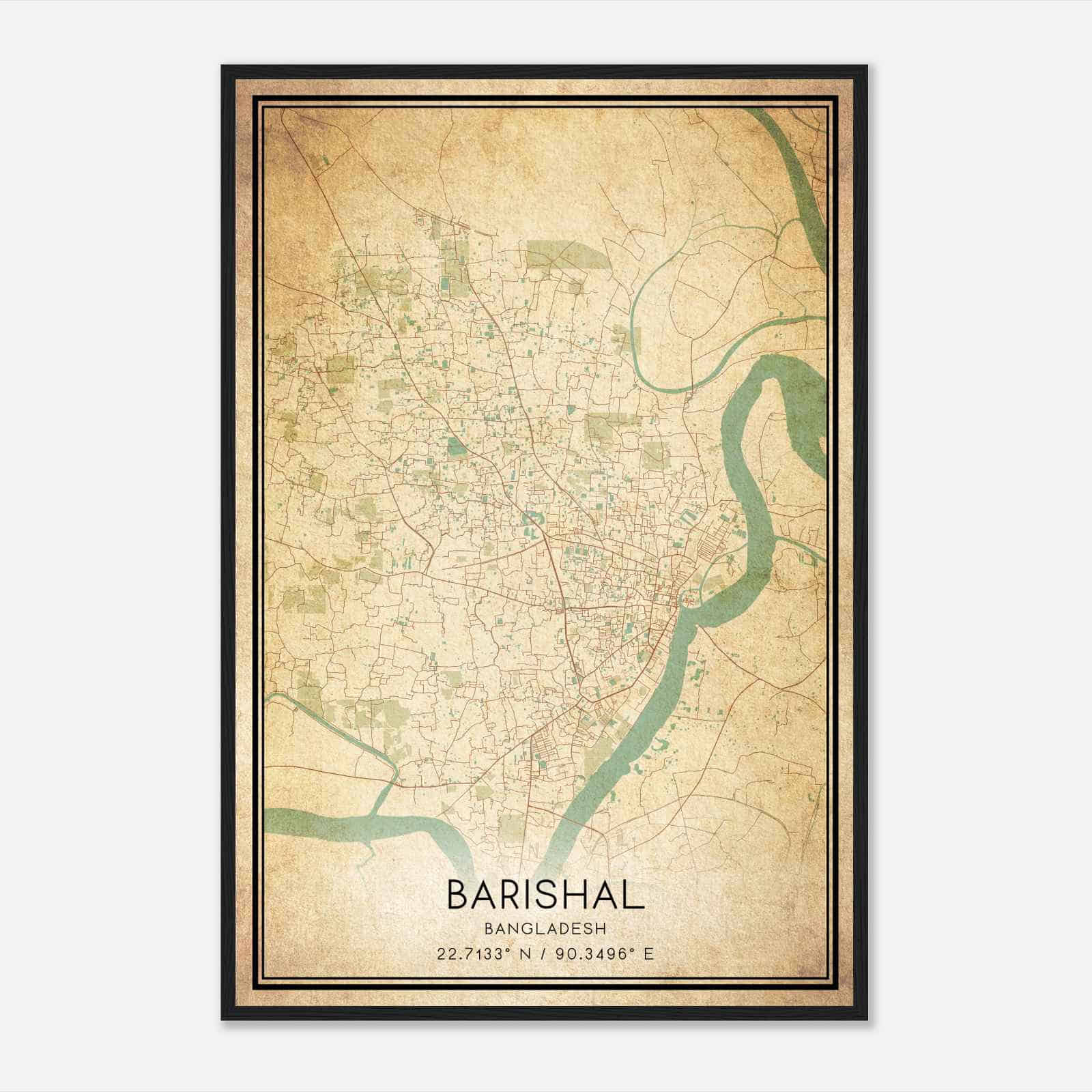 Vintage Barishal Bangladesh Map Poster, Barishal City Road Wall Art Print