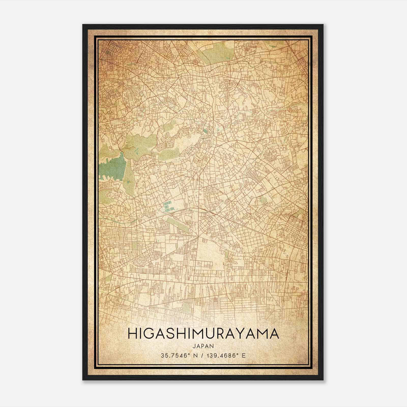 Vintage Higashimurayama Japan Map Poster, Higashimurayama City Road Wall Art Print