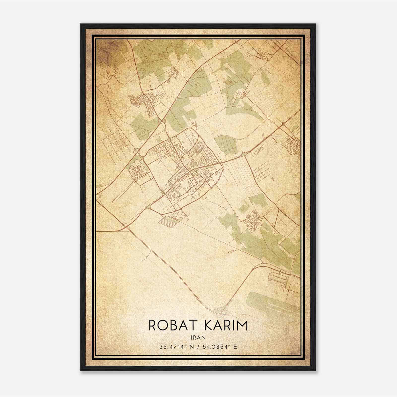 Vintage Robat Karim Iran Map Poster, Robat Karim City Road Wall Art Print