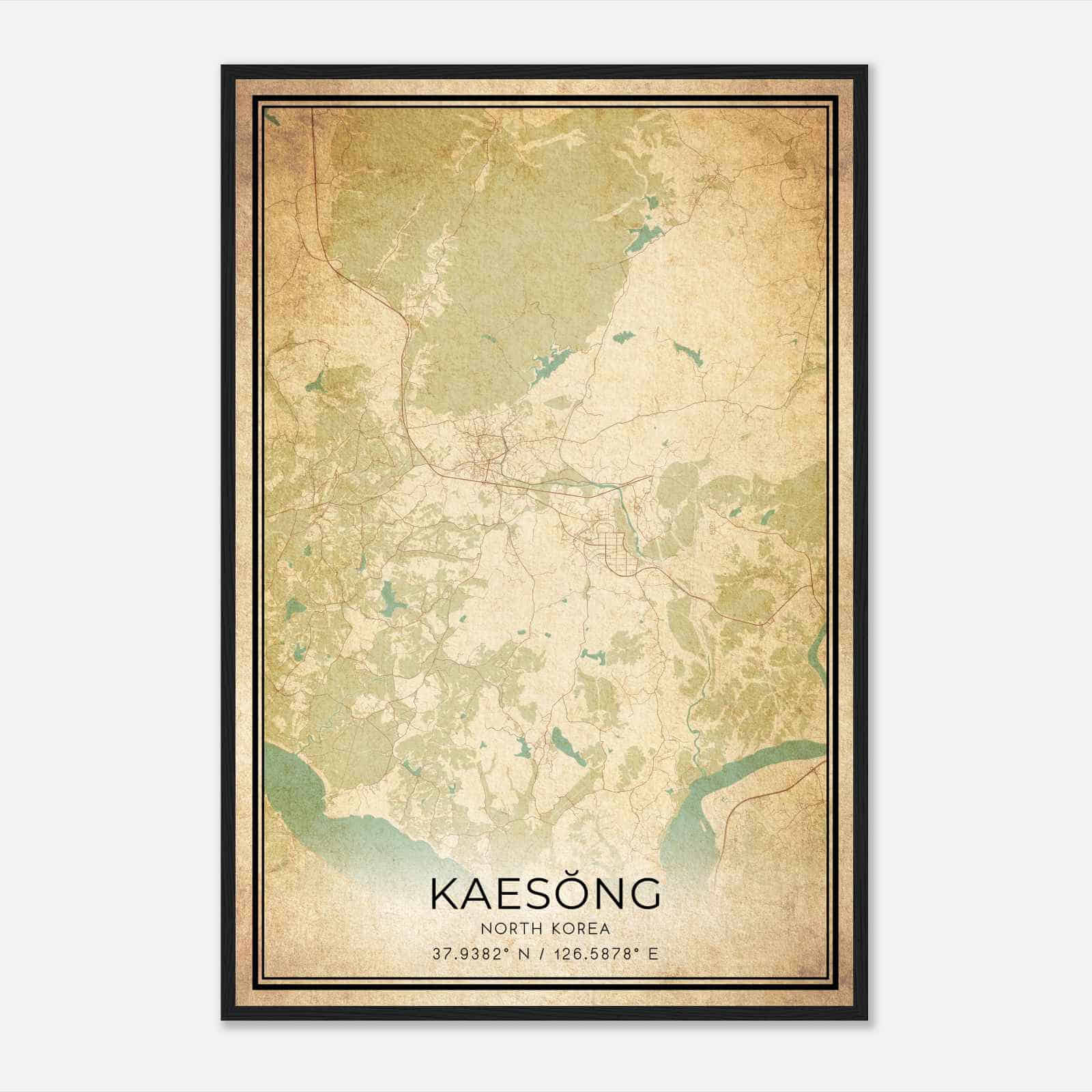 Vintage Kaesong North Korea Map Poster, Kaesong City Road Wall Art Print