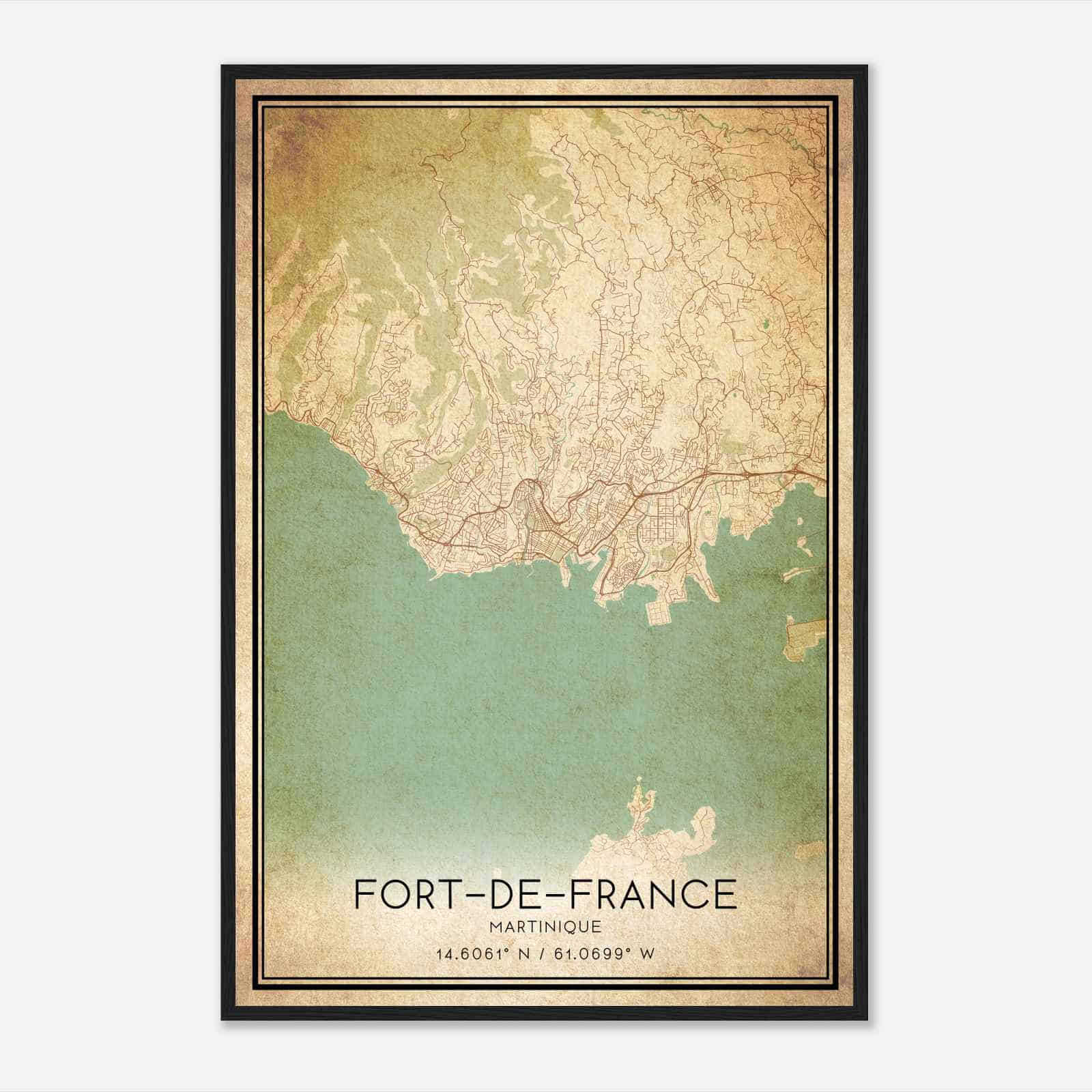 Vintage FortdeFrance Martinique Map Poster, FortdeFrance City Road Wall Art Print