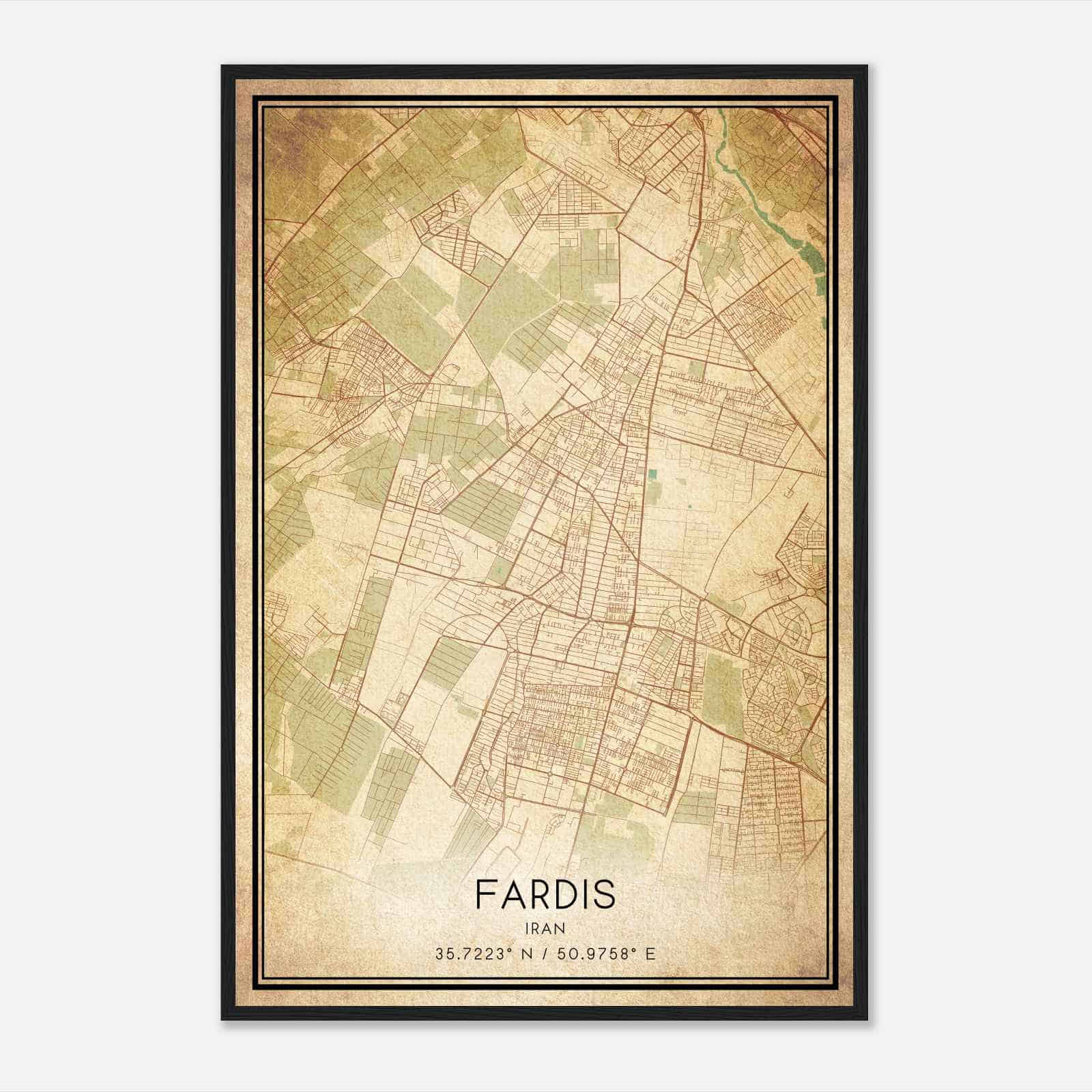 Vintage Fardis Iran Map Poster, Fardis City Road Wall Art Print