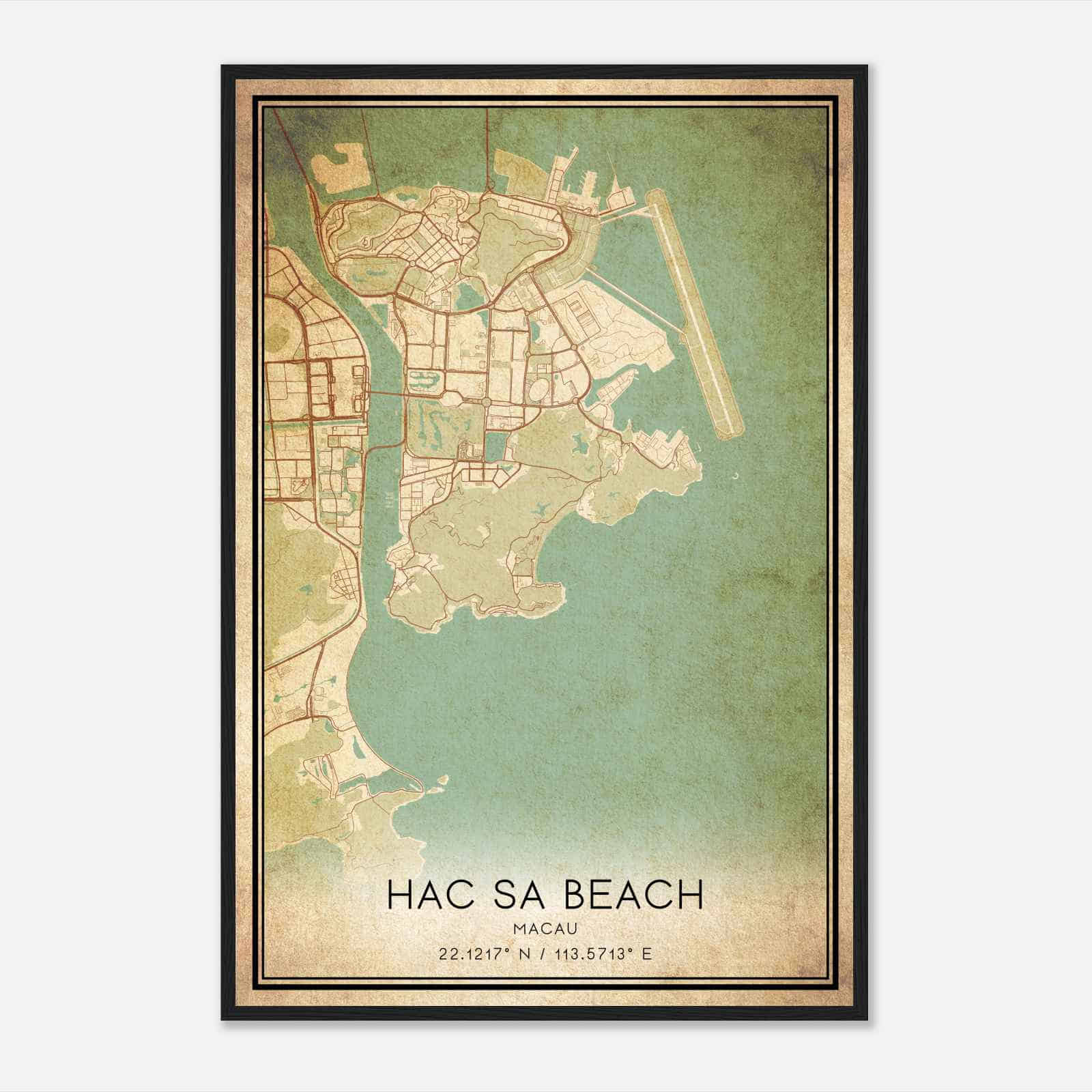 Vintage Hac Sa Beach Macau Map Poster, Hac Sa Beach City Road Wall Art Print