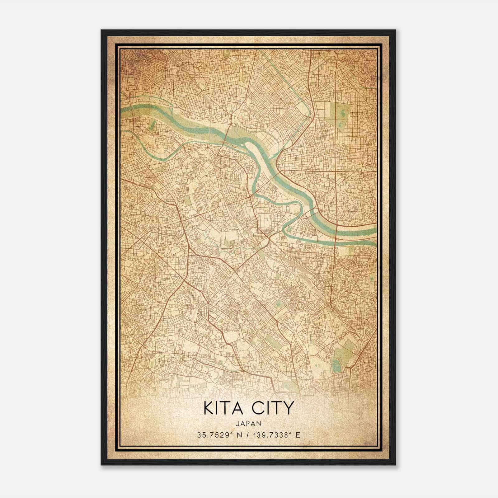 Vintage Kita City Japan Map Poster, Kita City City Road Wall Art Print