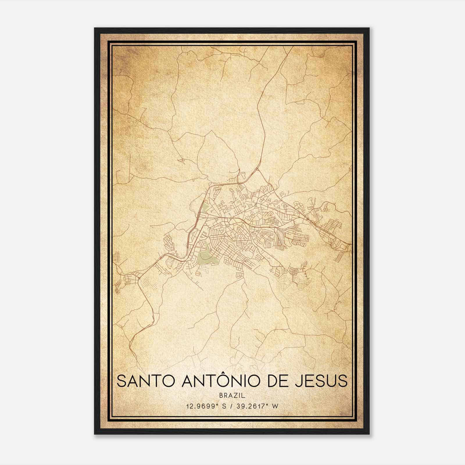 Vintage Santo Antonio de Jesus Brazil Map Poster, Santo Antonio de Jesus City Road Wall Art Print