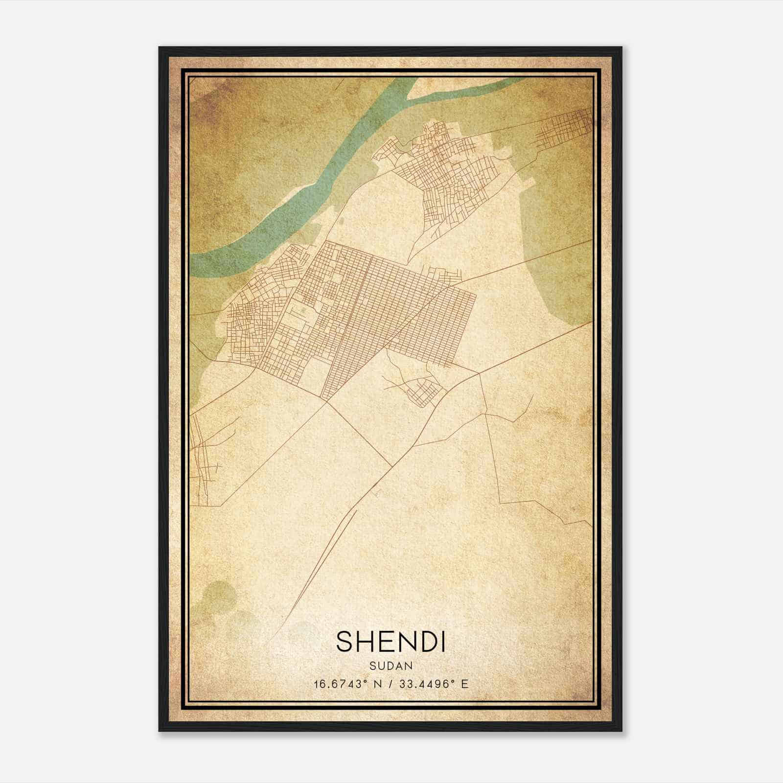 Vintage Shendi Sudan Map Poster, Shendi City Road Wall Art Print