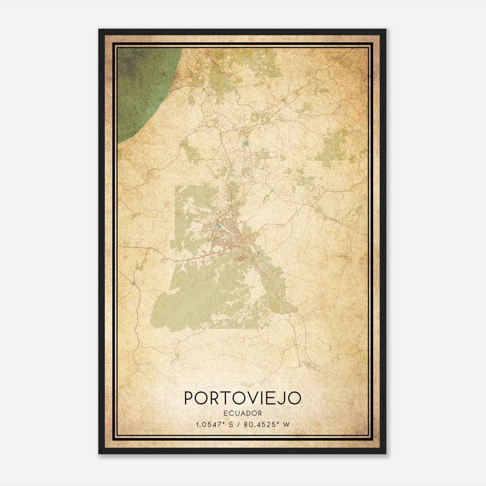 Vintage Portoviejo Ecuador Map Poster, Portoviejo City Road Wall Art Print