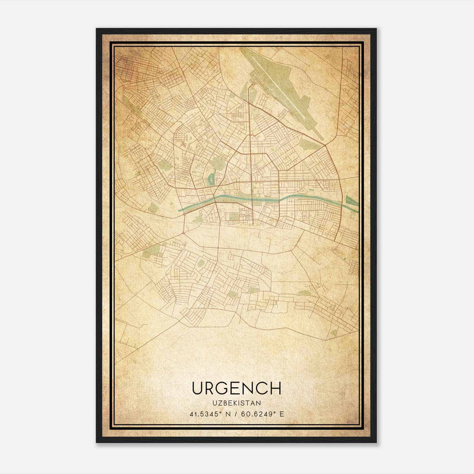 Vintage Urgench Uzbekistan Map Poster, Urgench City Road Wall Art Print