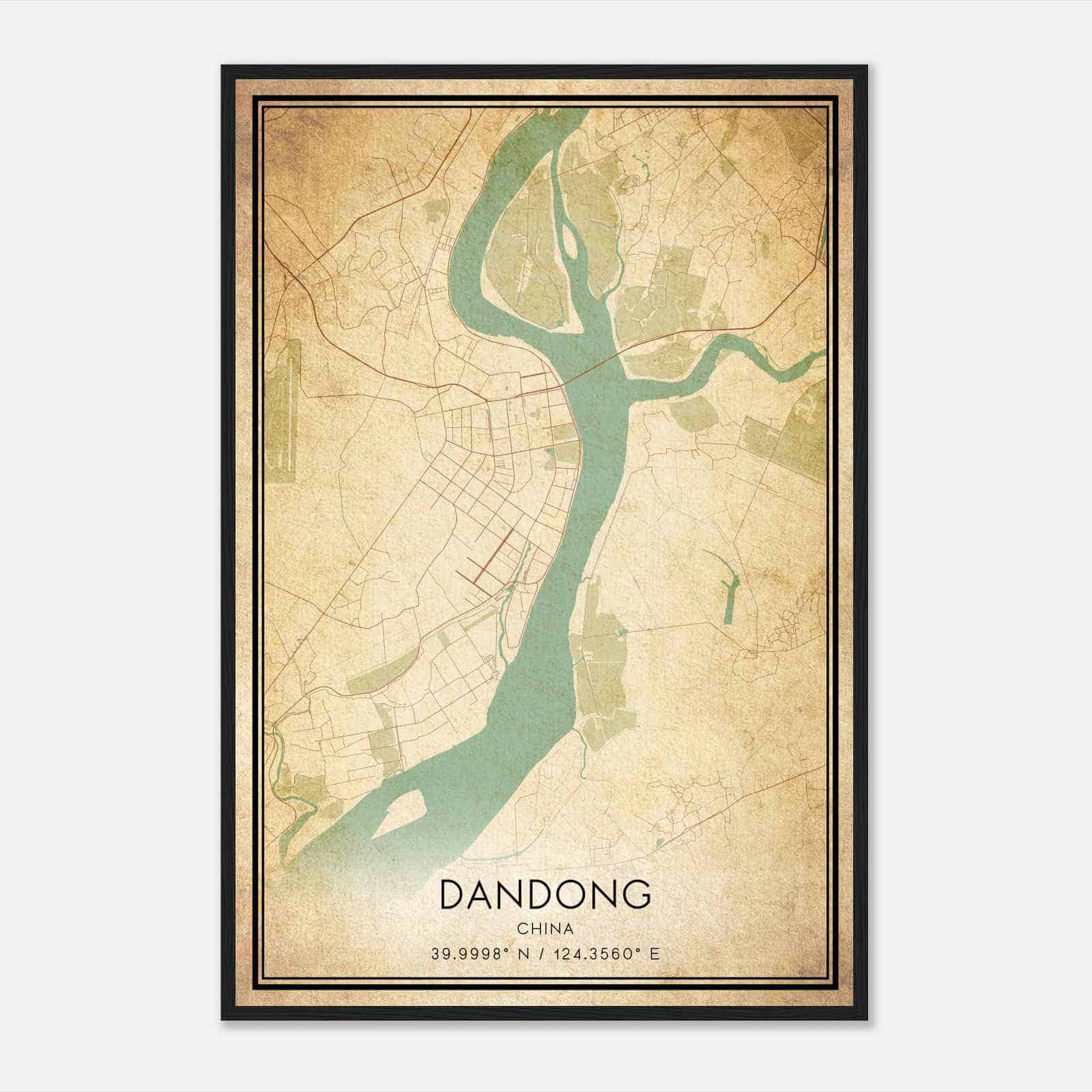 Vintage Dandong China Map Poster, Dandong City Road Wall Art Print