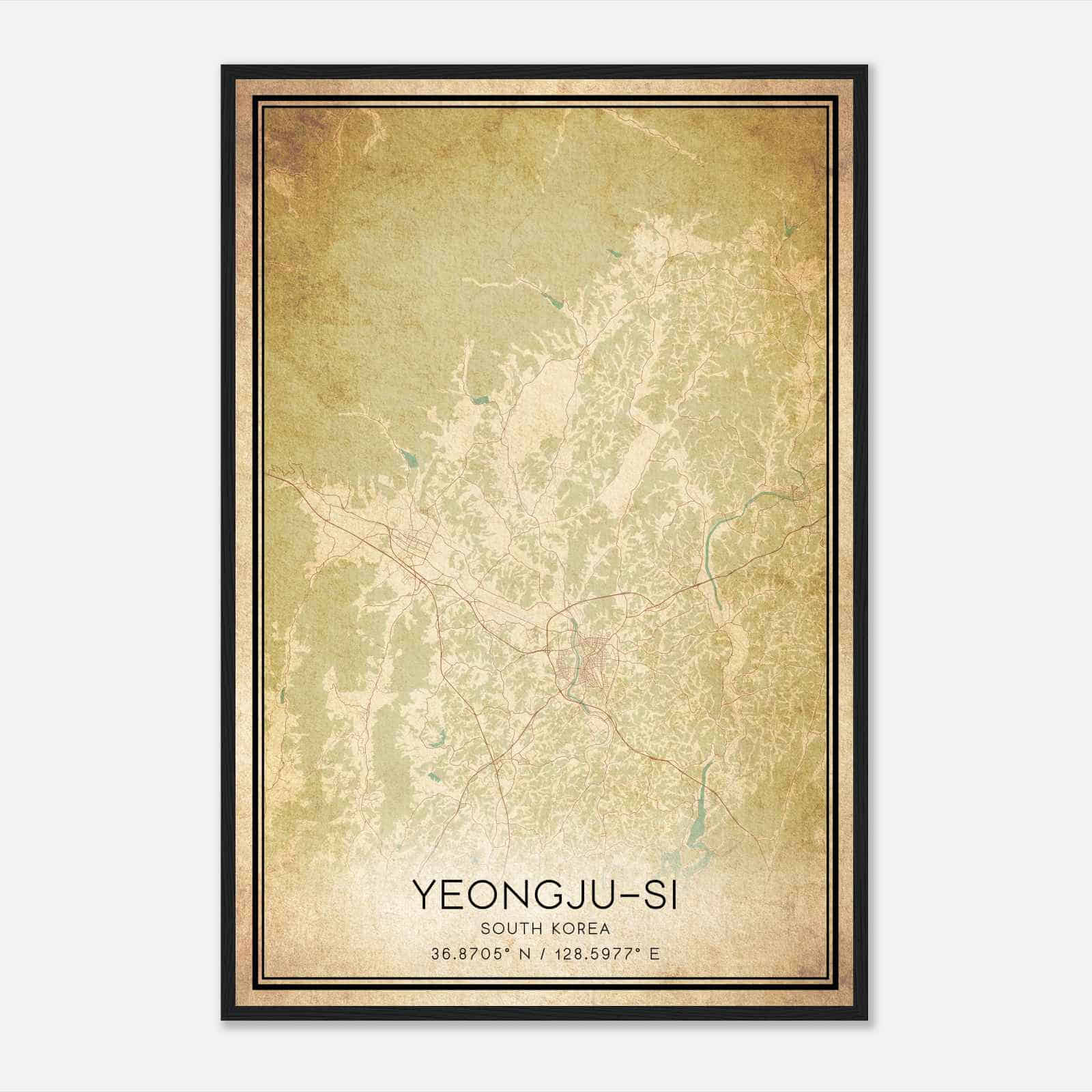 Vintage Yeongjusi South Korea Map Poster, Yeongjusi City Road Wall Art Print