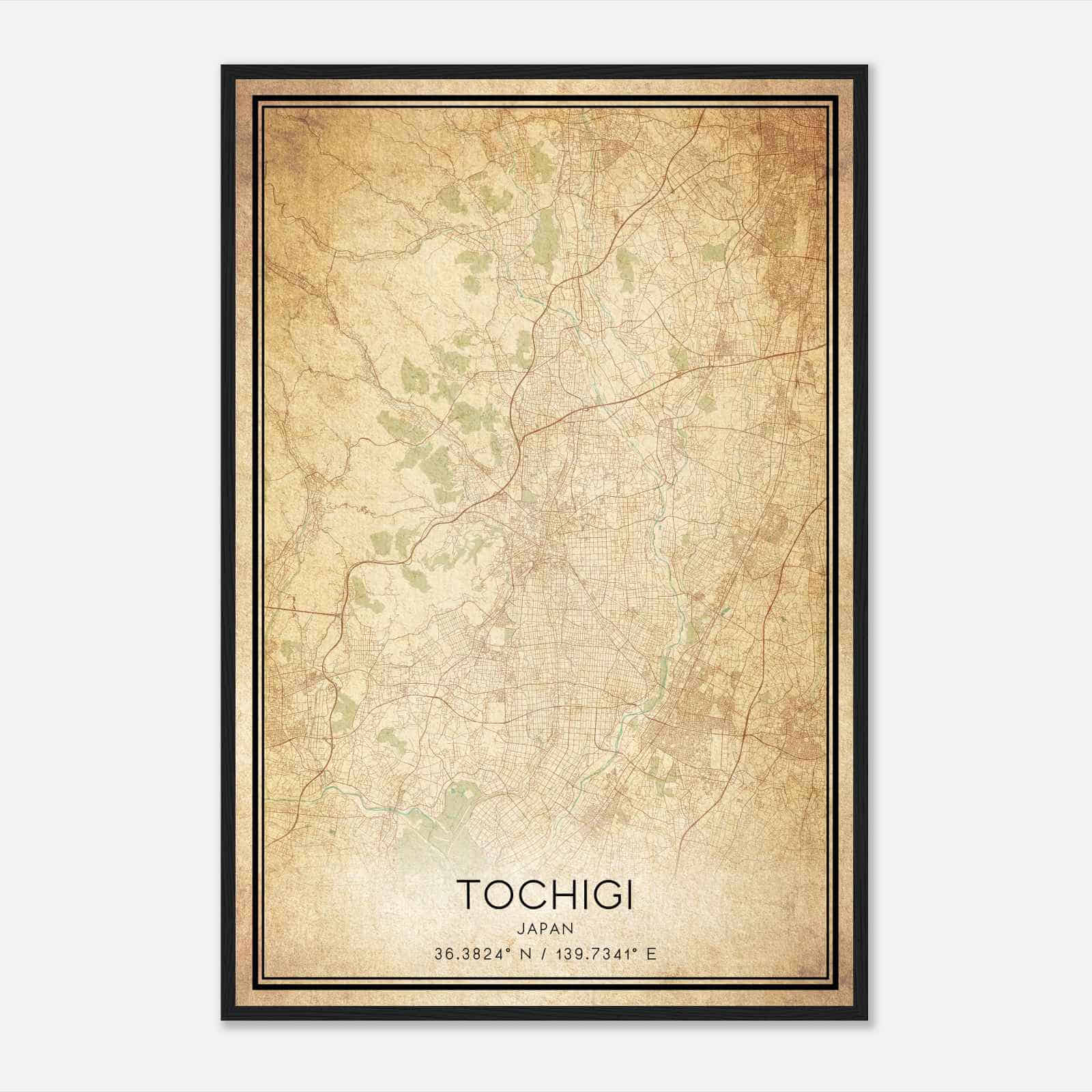 Vintage Tochigi Japan Map Poster, Tochigi City Road Wall Art Print