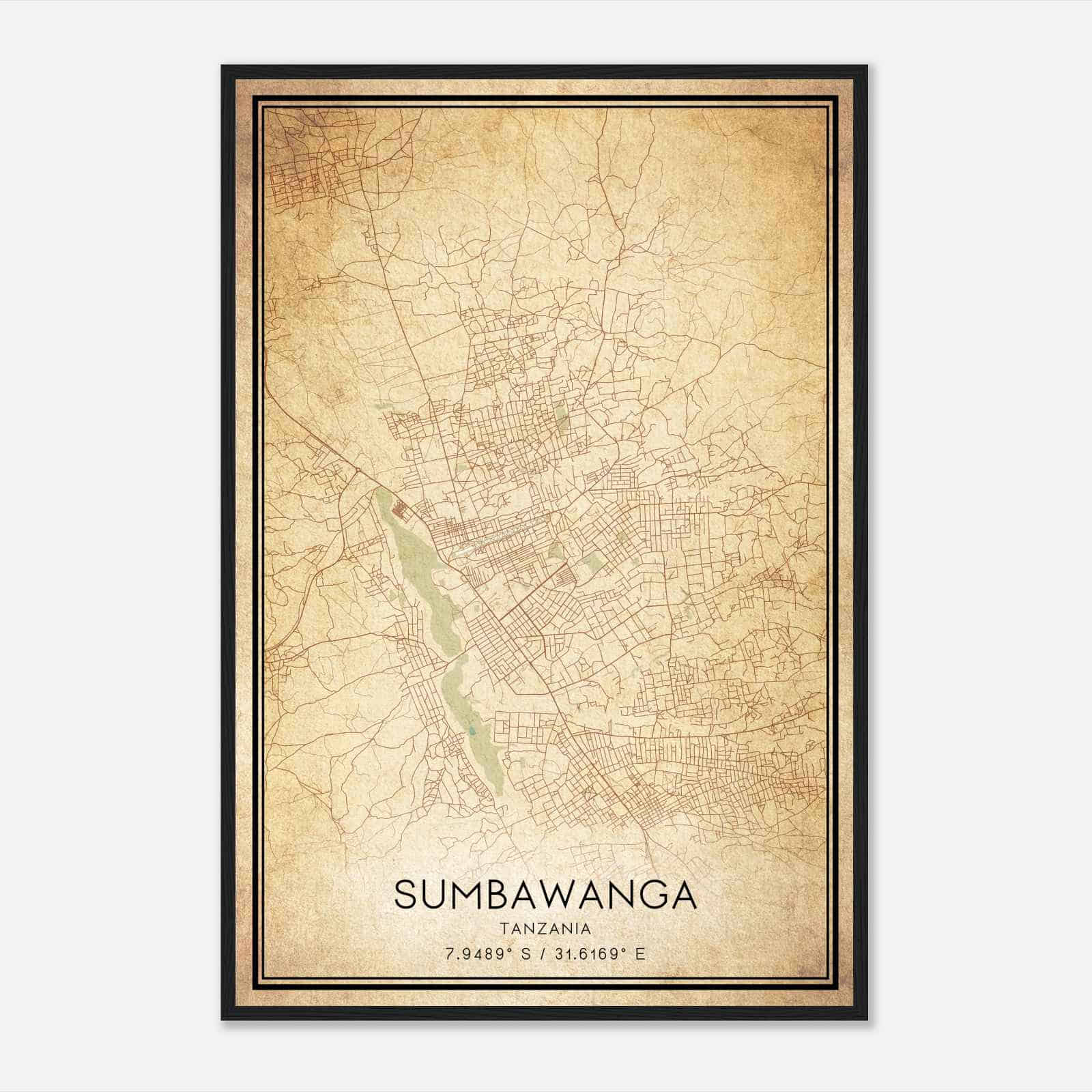Vintage Sumbawanga Tanzania Map Poster, Sumbawanga City Road Wall Art Print