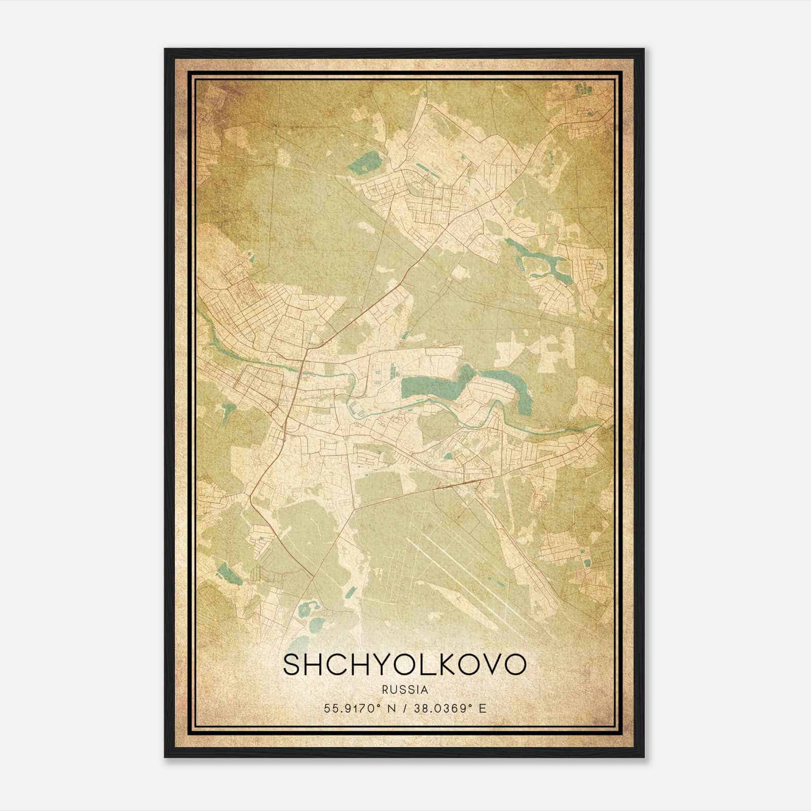 Vintage Shchyolkovo Russia Map Poster, Shchyolkovo City Road Wall Art Print