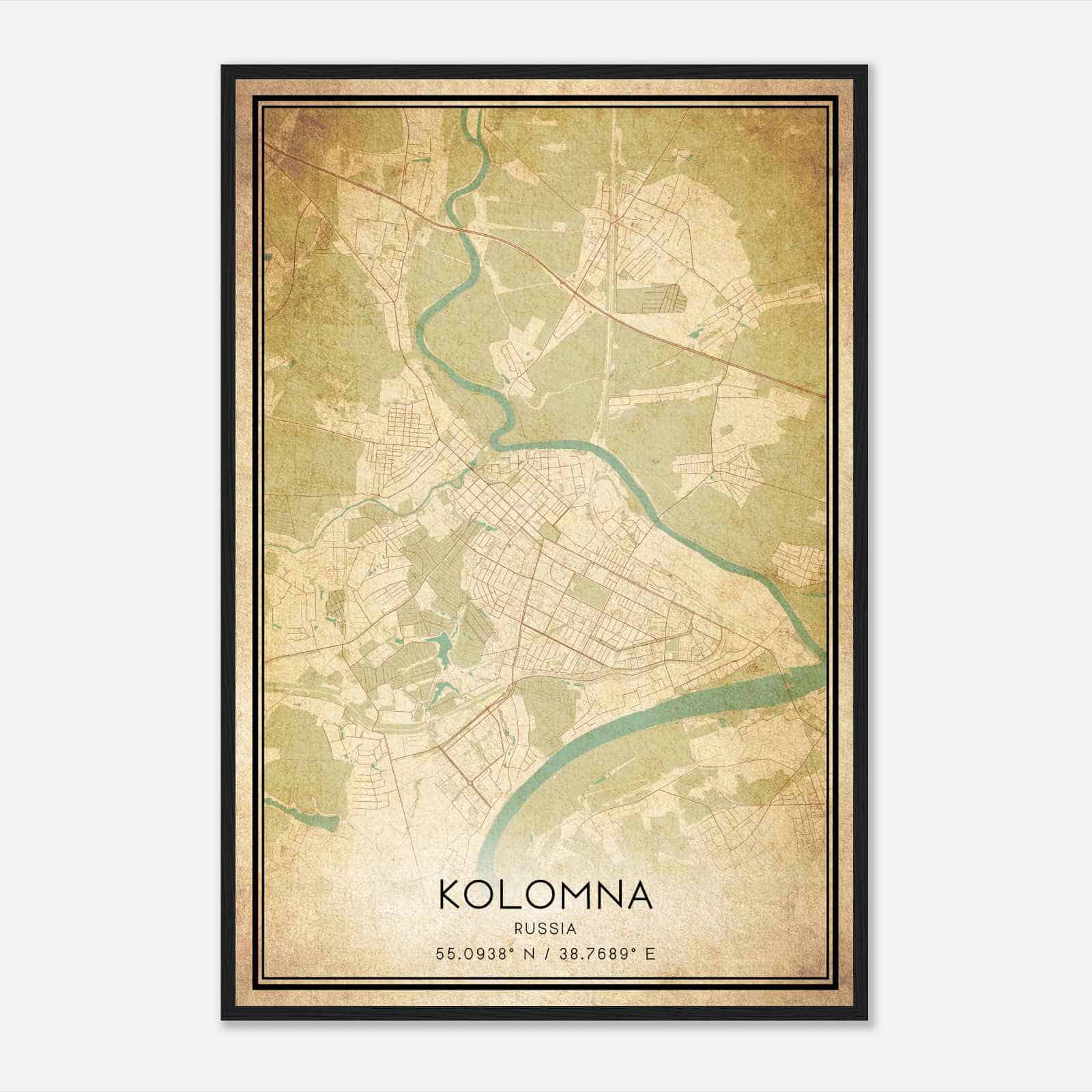 Vintage Kolomna Russia Map Poster, Kolomna City Road Wall Art Print