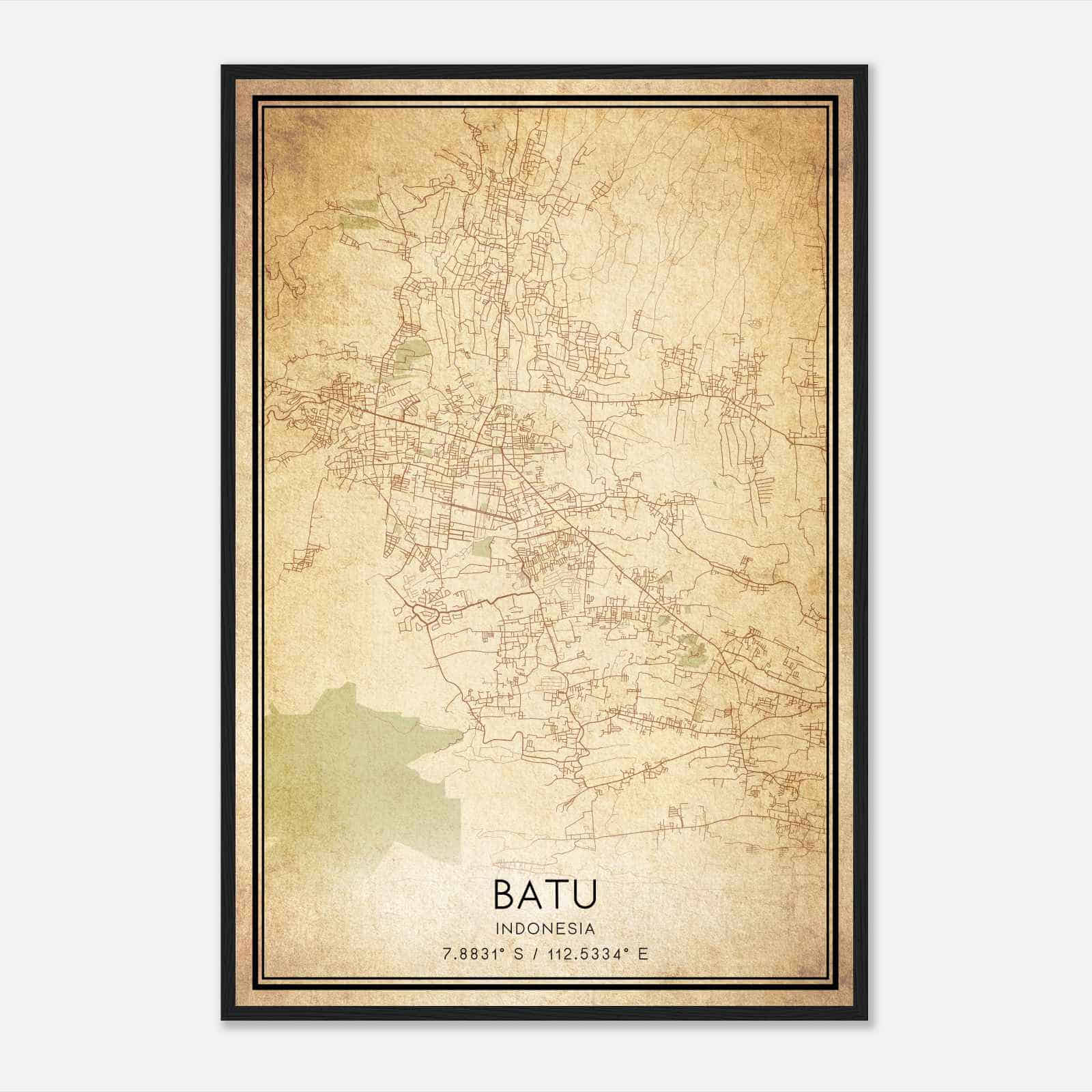 Vintage Batu Indonesia Map Poster, Batu City Road Wall Art Print