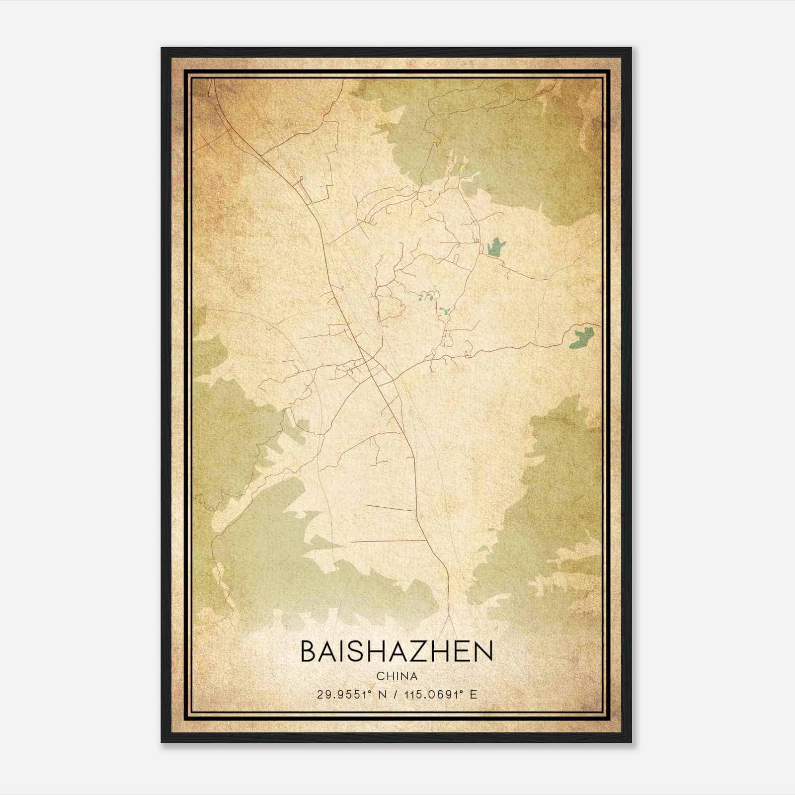 Vintage Baishazhen China Map Poster, Baishazhen City Road Wall Art Print