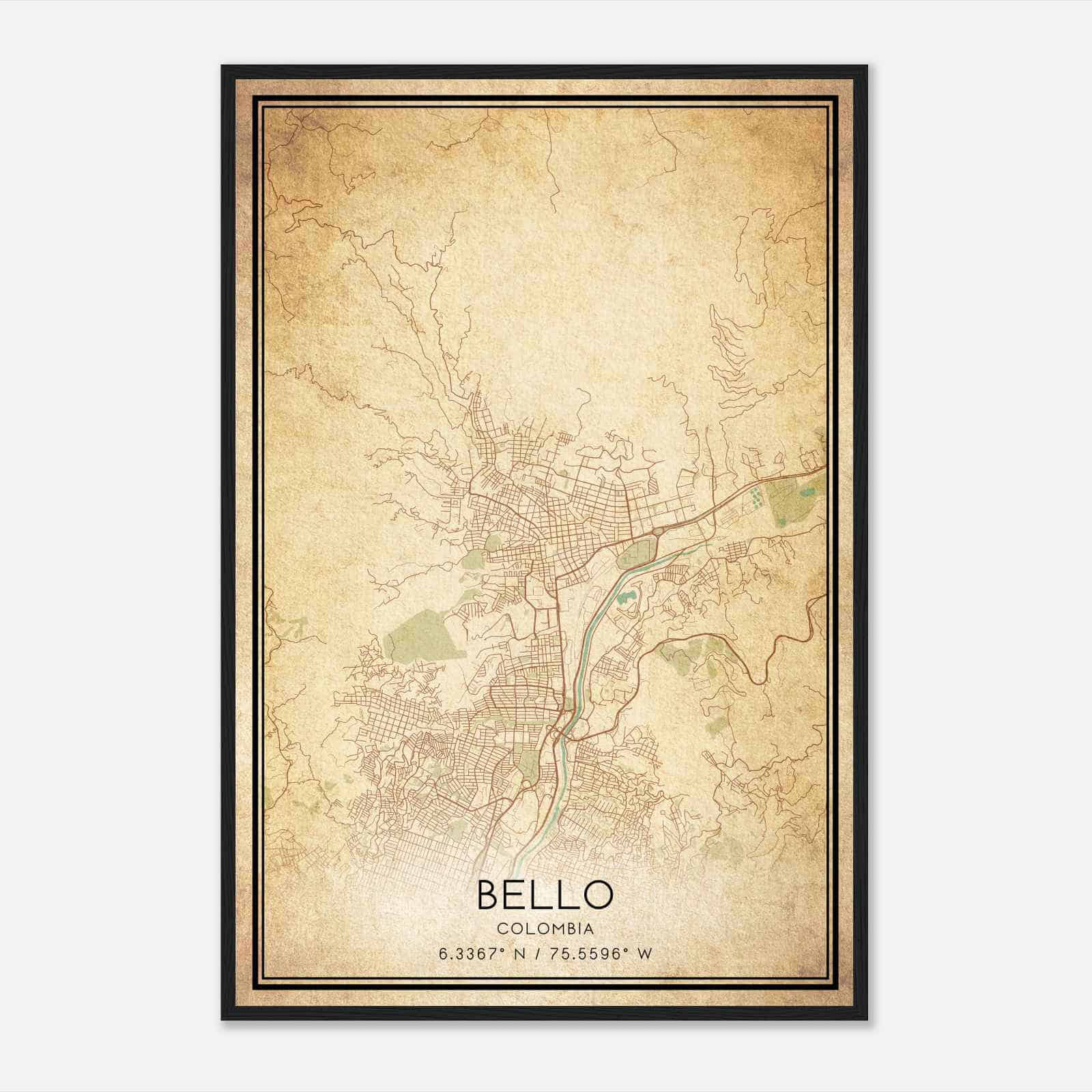 Vintage Bello Colombia Map Poster, Bello City Road Wall Art Print