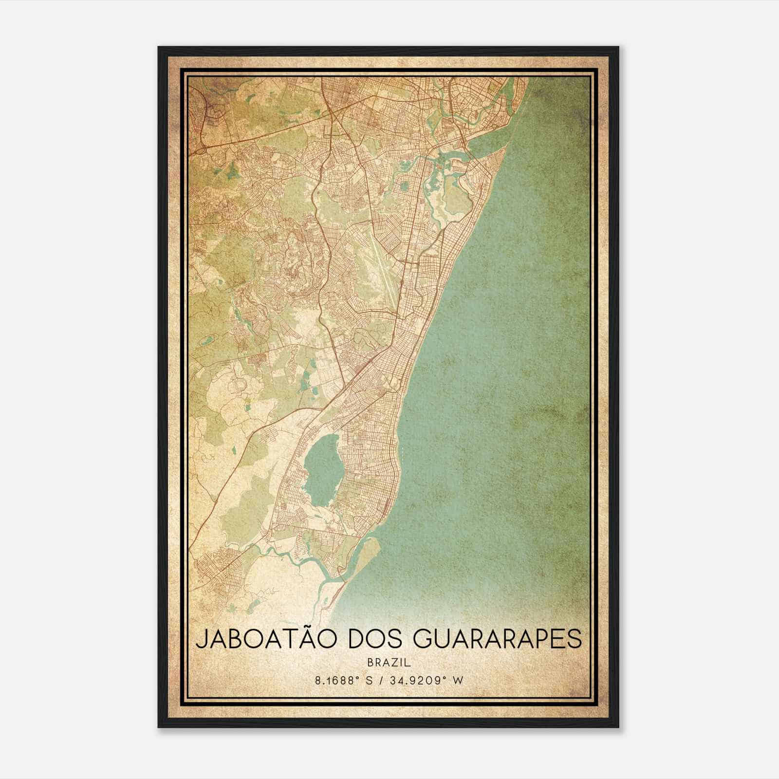 Vintage Jaboatao dos Guararapes Brazil Map Poster, Jaboatao dos Guararapes City Road Wall Art Print