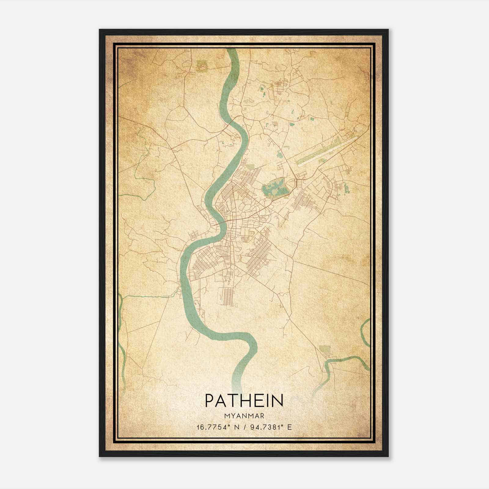 Vintage Pathein Myanmar Map Poster, Pathein City Road Wall Art Print