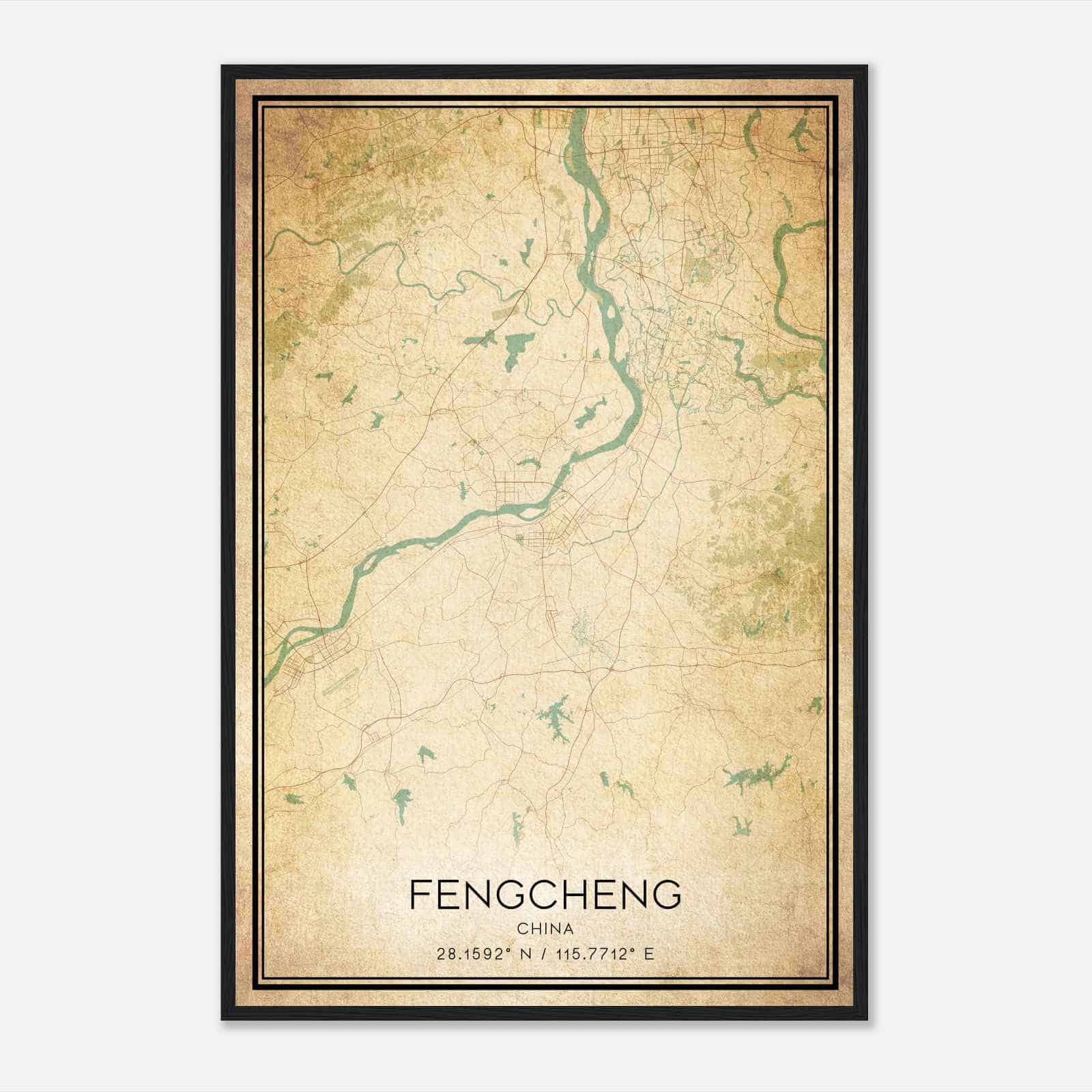 Vintage Fengcheng China Map Poster, Fengcheng City Road Wall Art Print
