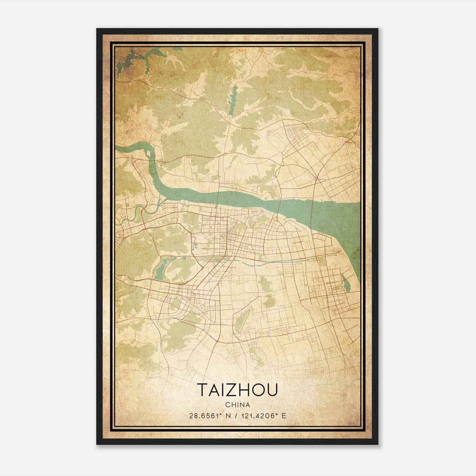 Vintage Taizhou China Map Poster, Taizhou City Road Wall Art Print