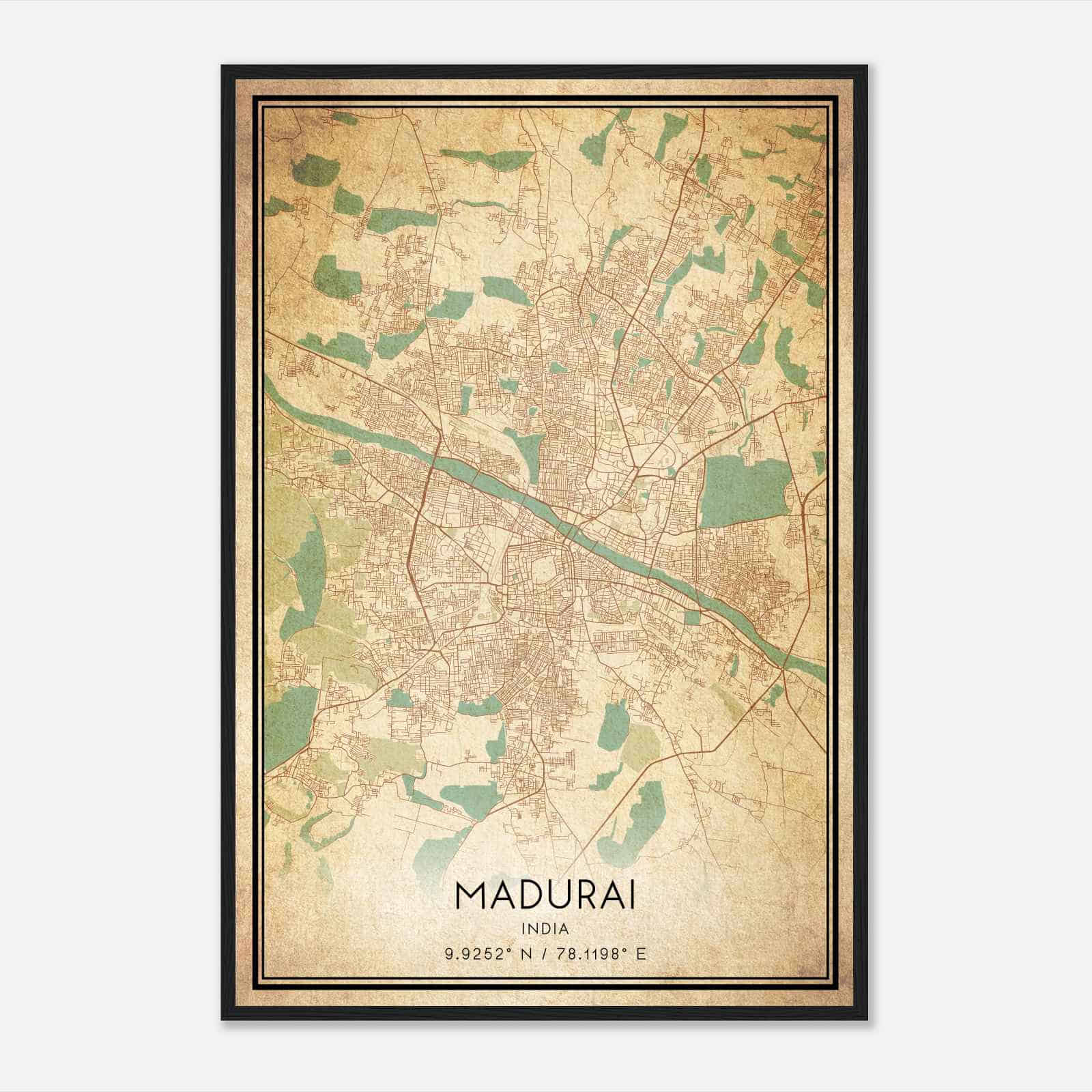 Vintage Madurai India Map Poster, Madurai City Road Wall Art Print