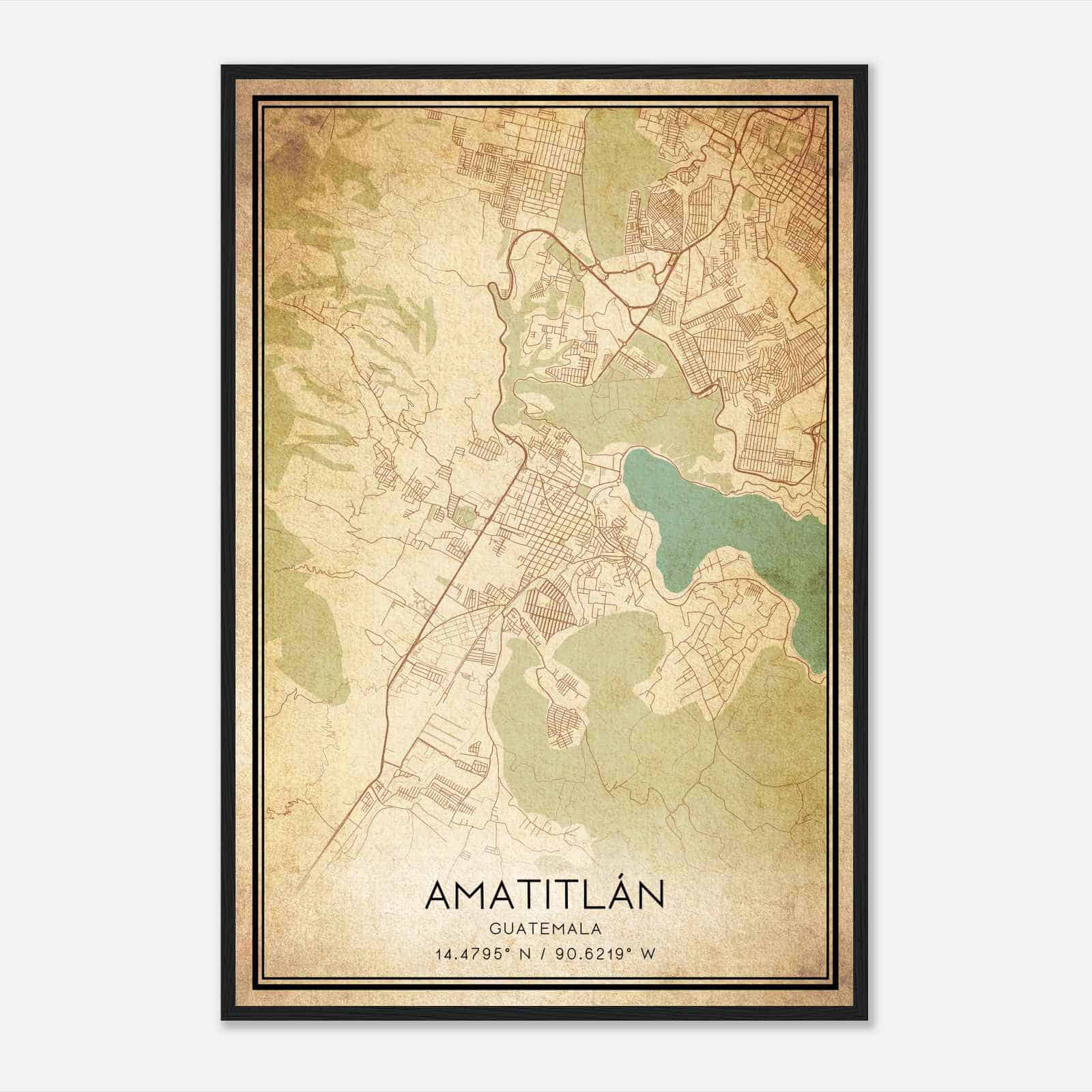 Vintage Amatitlan Guatemala Map Poster, Amatitlan City Road Wall Art Print