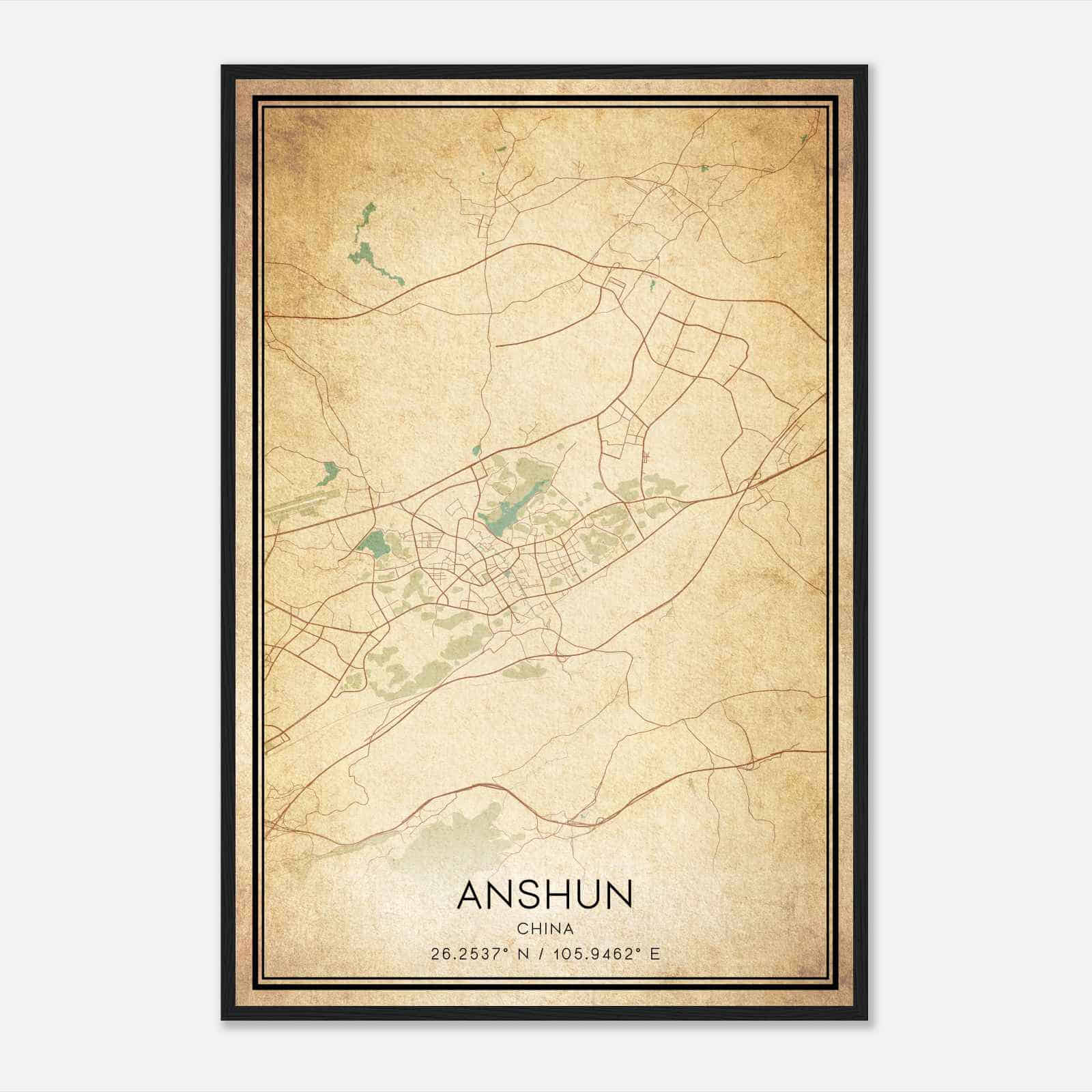 Vintage Anshun China Map Poster, Anshun City Road Wall Art Print