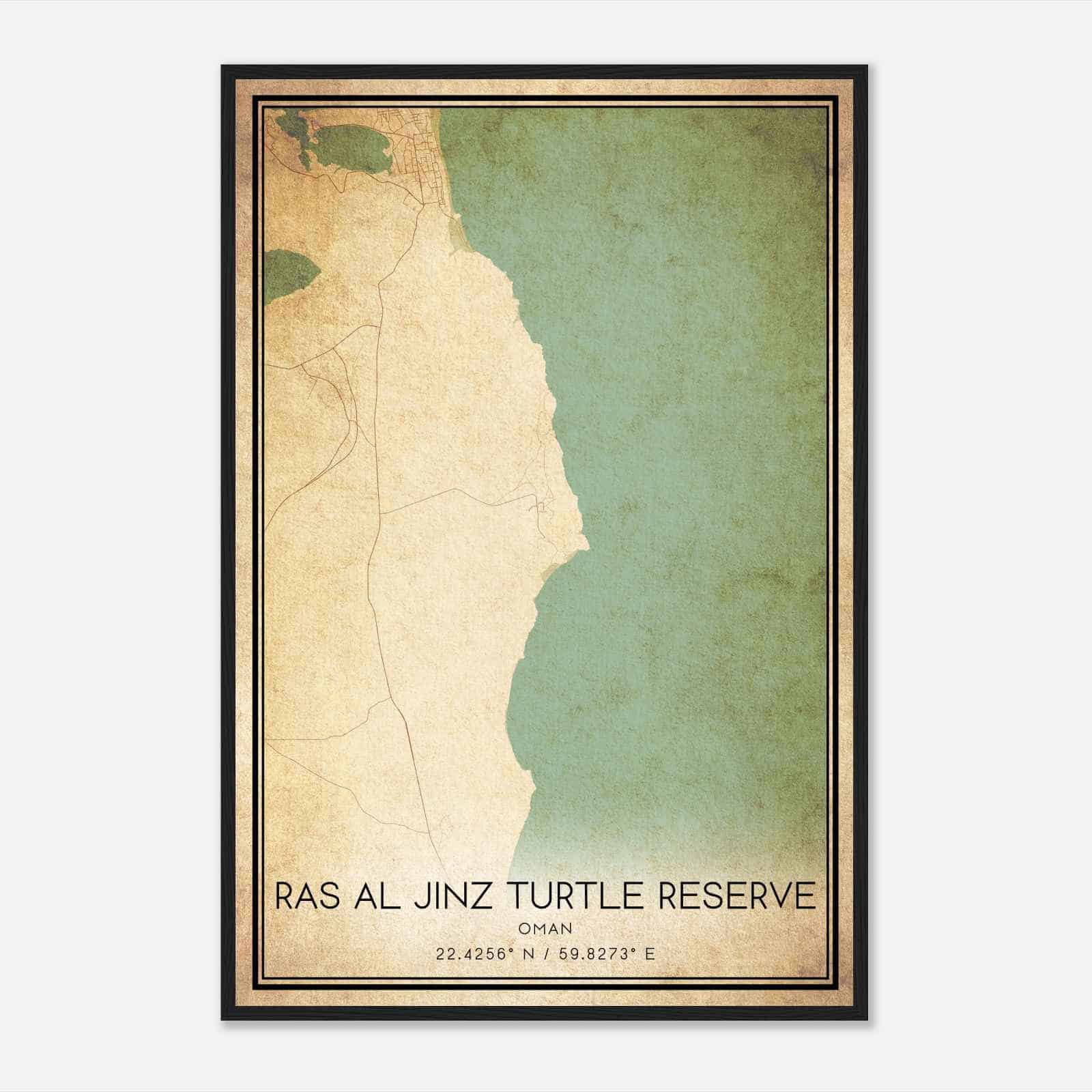 Vintage Ras Al Jinz Turtle Reserve Oman Map Poster, Ras Al Jinz Turtle Reserve City Road Wall Art Print