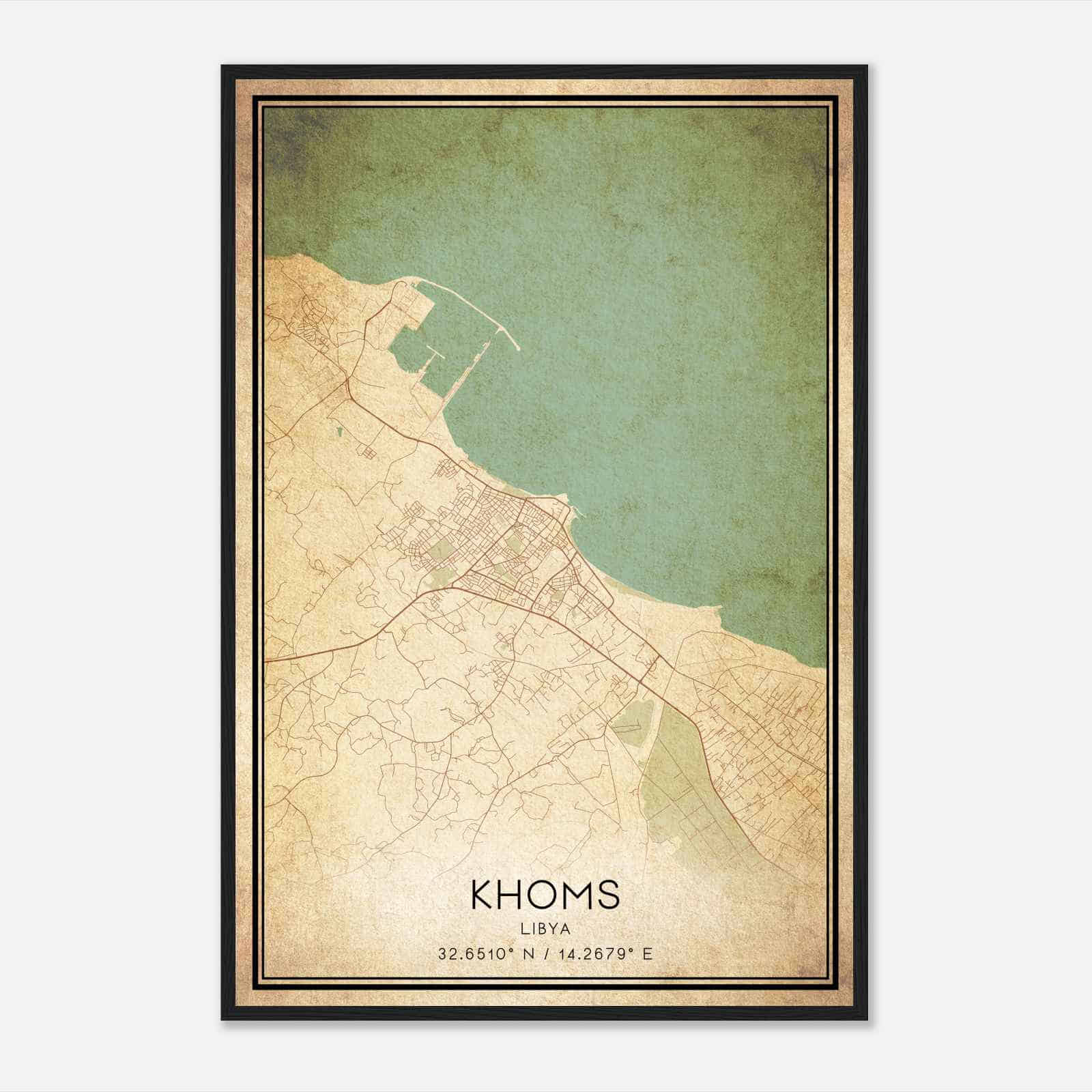 Vintage Khoms Libya Map Poster, Khoms City Road Wall Art Print