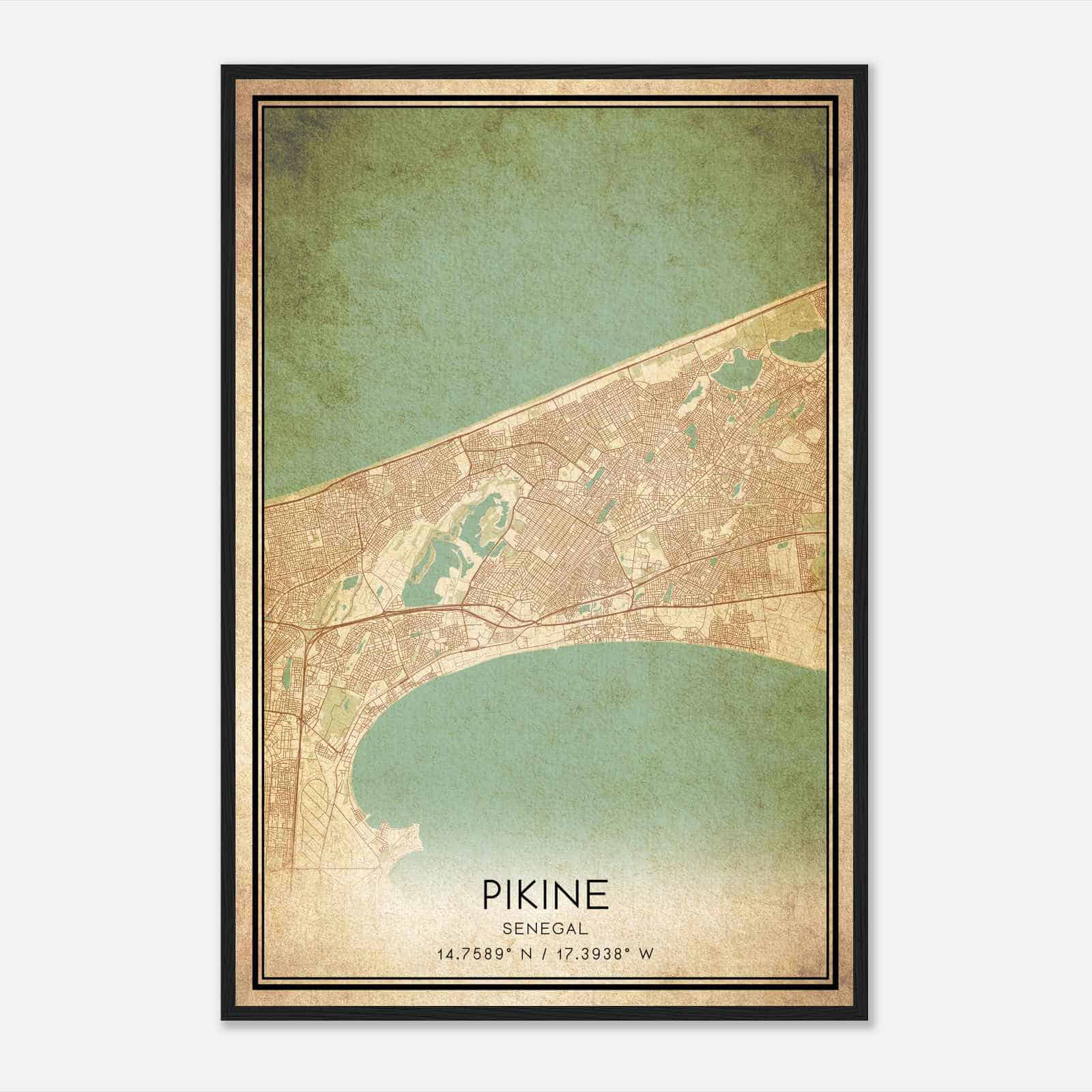 Vintage Pikine Senegal Map Poster, Pikine City Road Wall Art Print