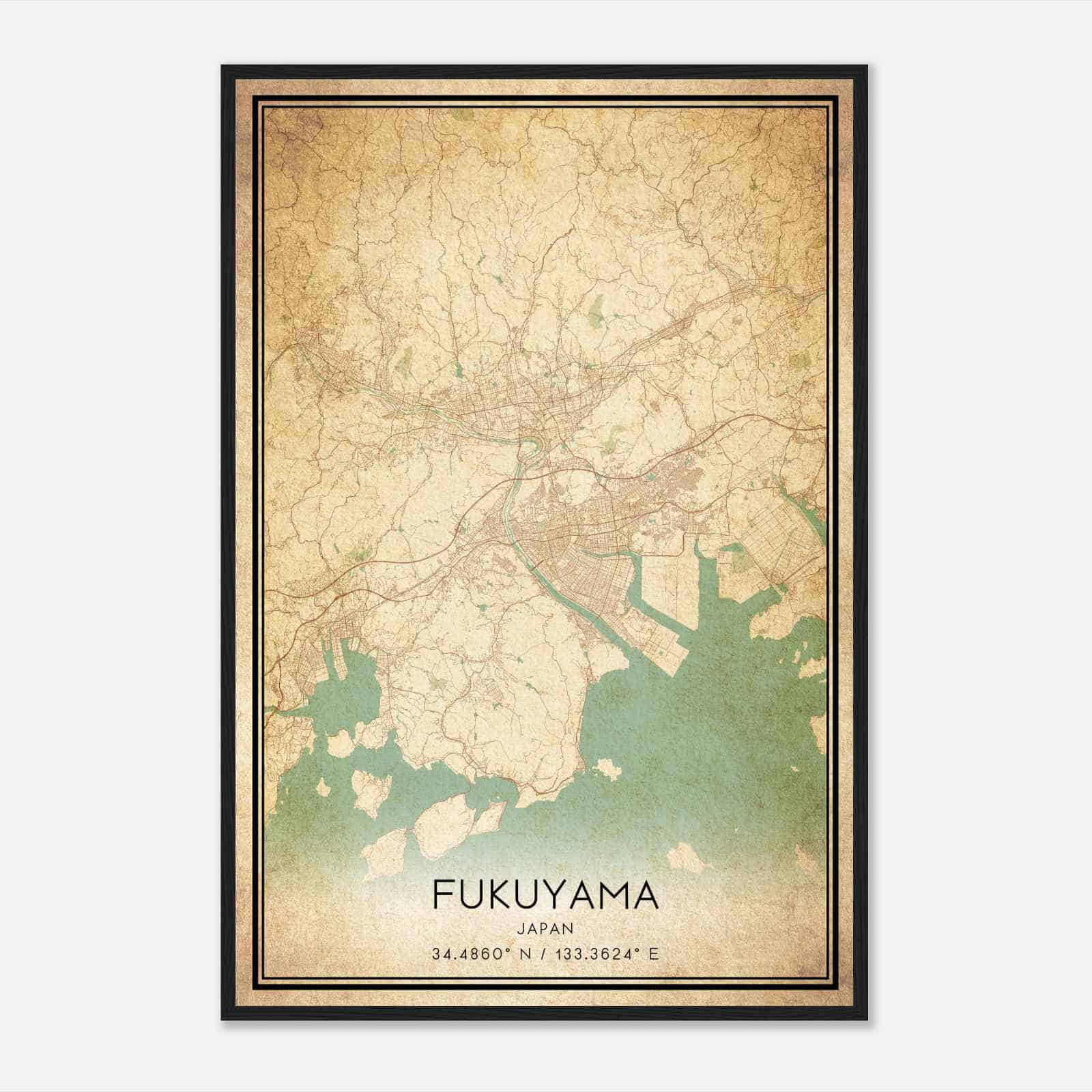Vintage Fukuyama Japan Map Poster, Fukuyama City Road Wall Art Print