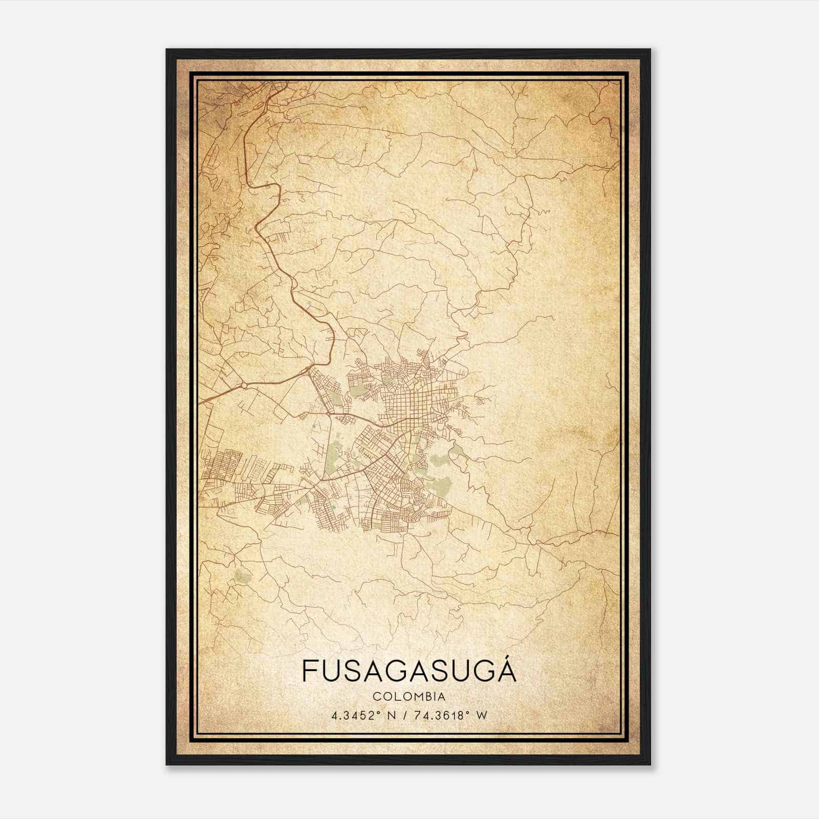 Vintage Fusagasuga Colombia Map Poster, Fusagasuga City Road Wall Art Print