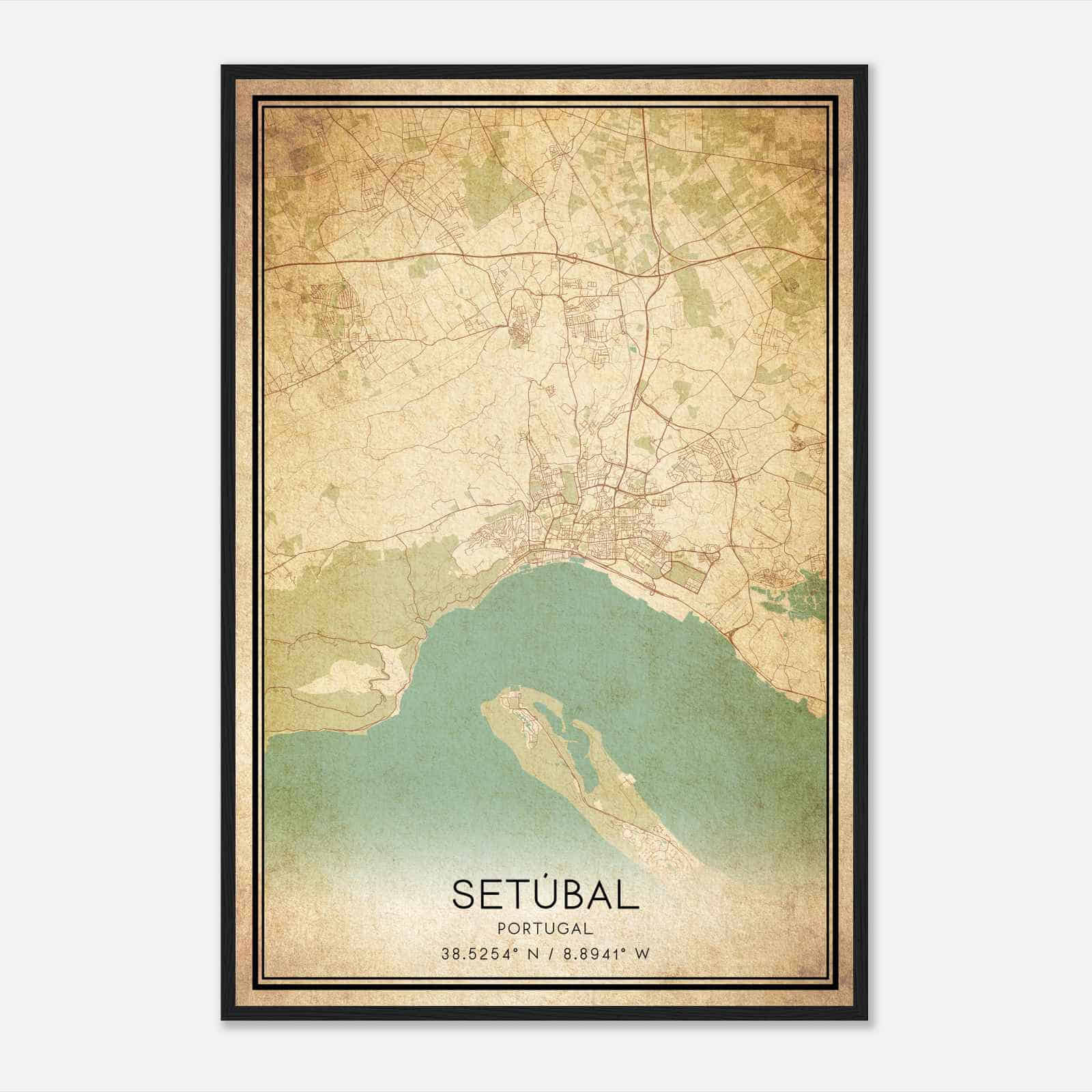Vintage Setubal Portugal Map Poster, Setubal City Road Wall Art Print