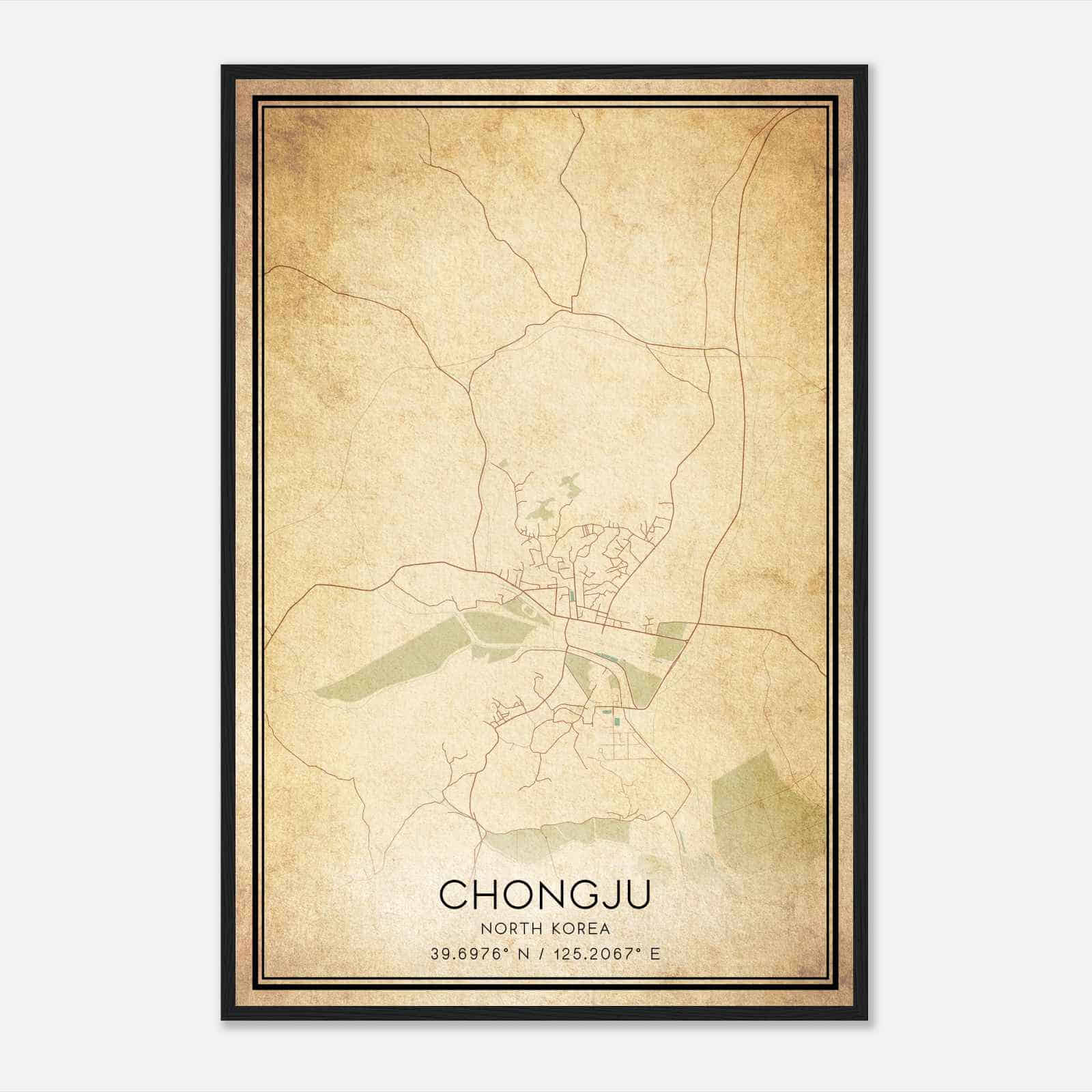 Vintage Chongju North Korea Map Poster, Chongju City Road Wall Art Print
