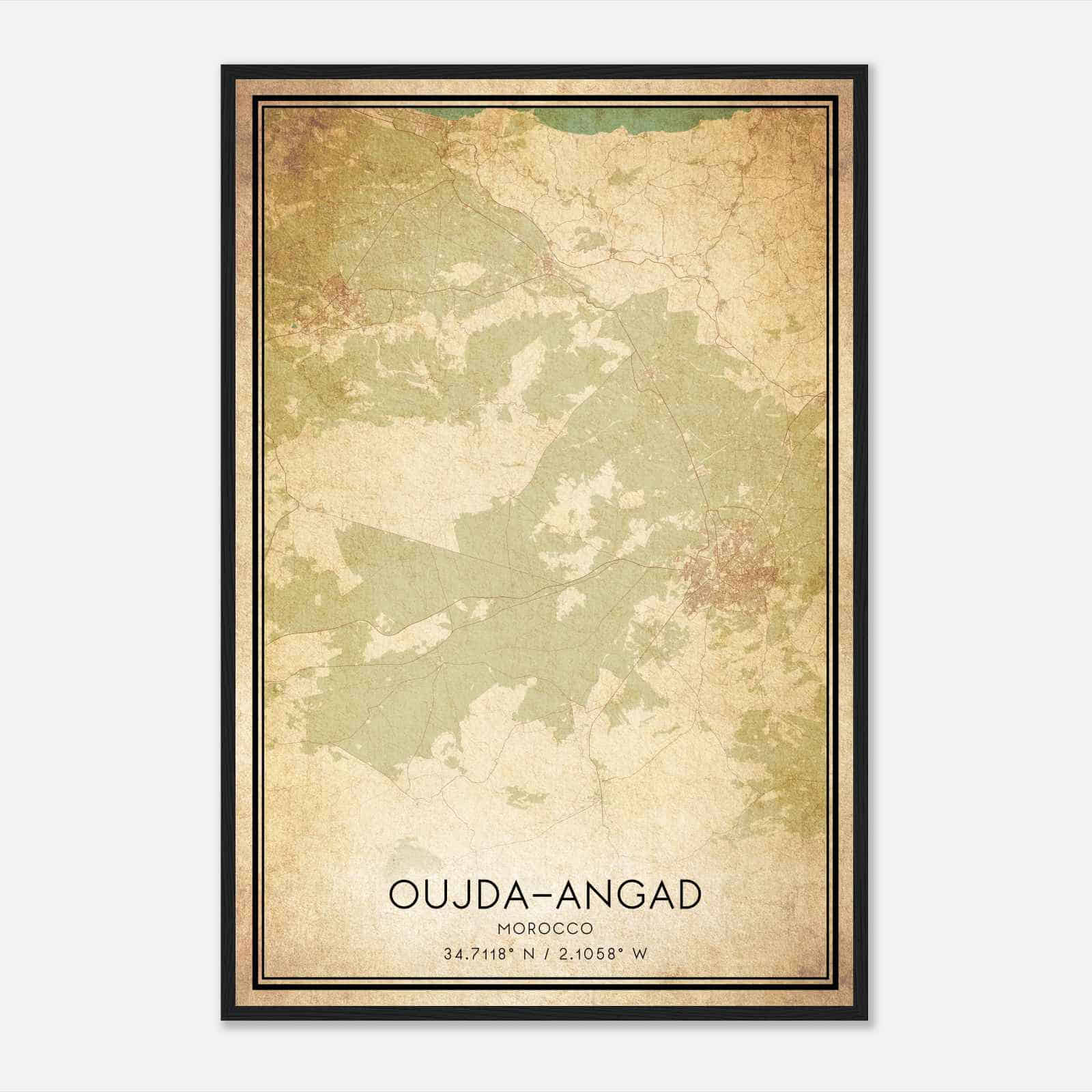 Vintage OujdaAngad Morocco Map Poster, OujdaAngad City Road Wall Art Print