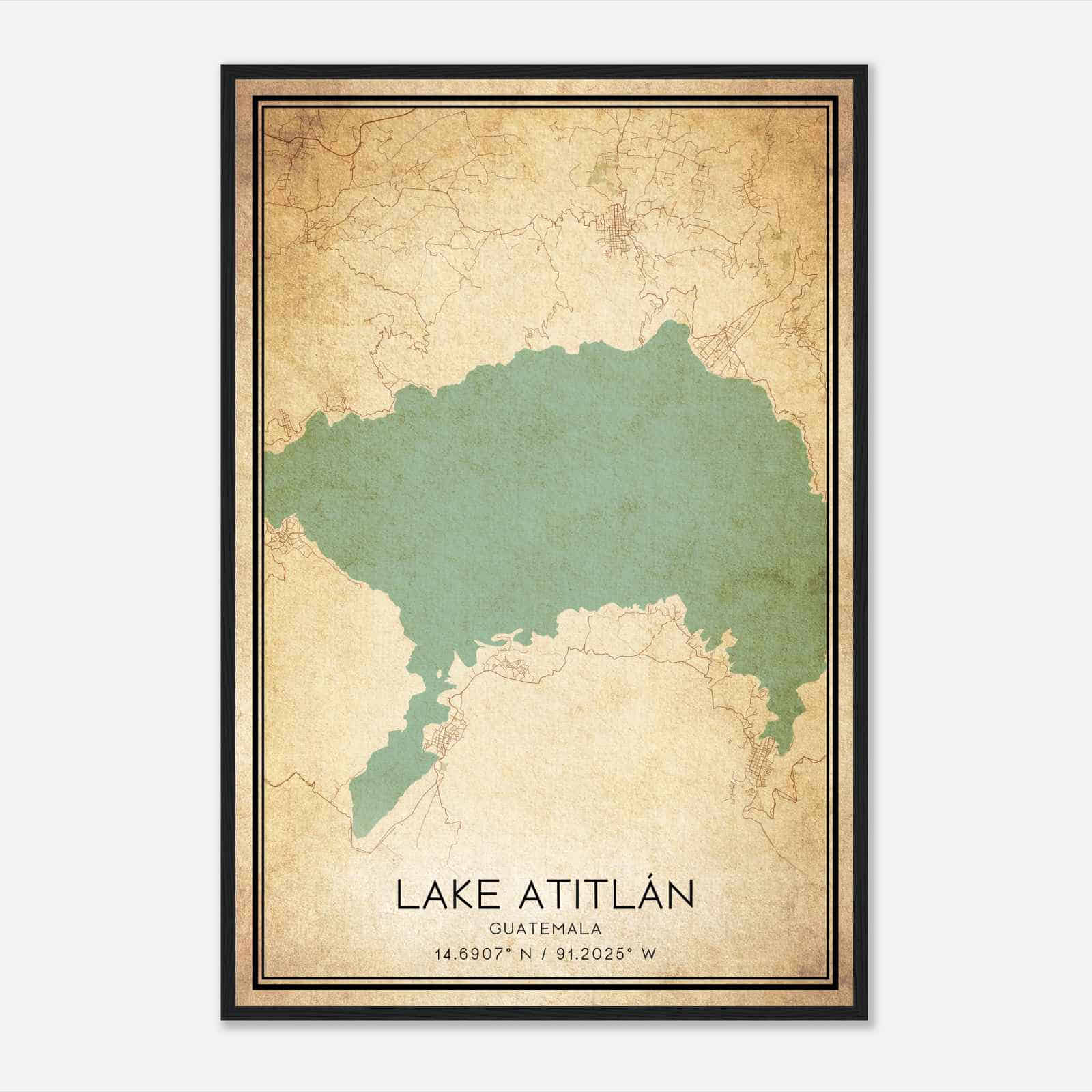 Vintage Lake Atitlan Guatemala Map Poster, Lake Atitlan City Road Wall Art Print