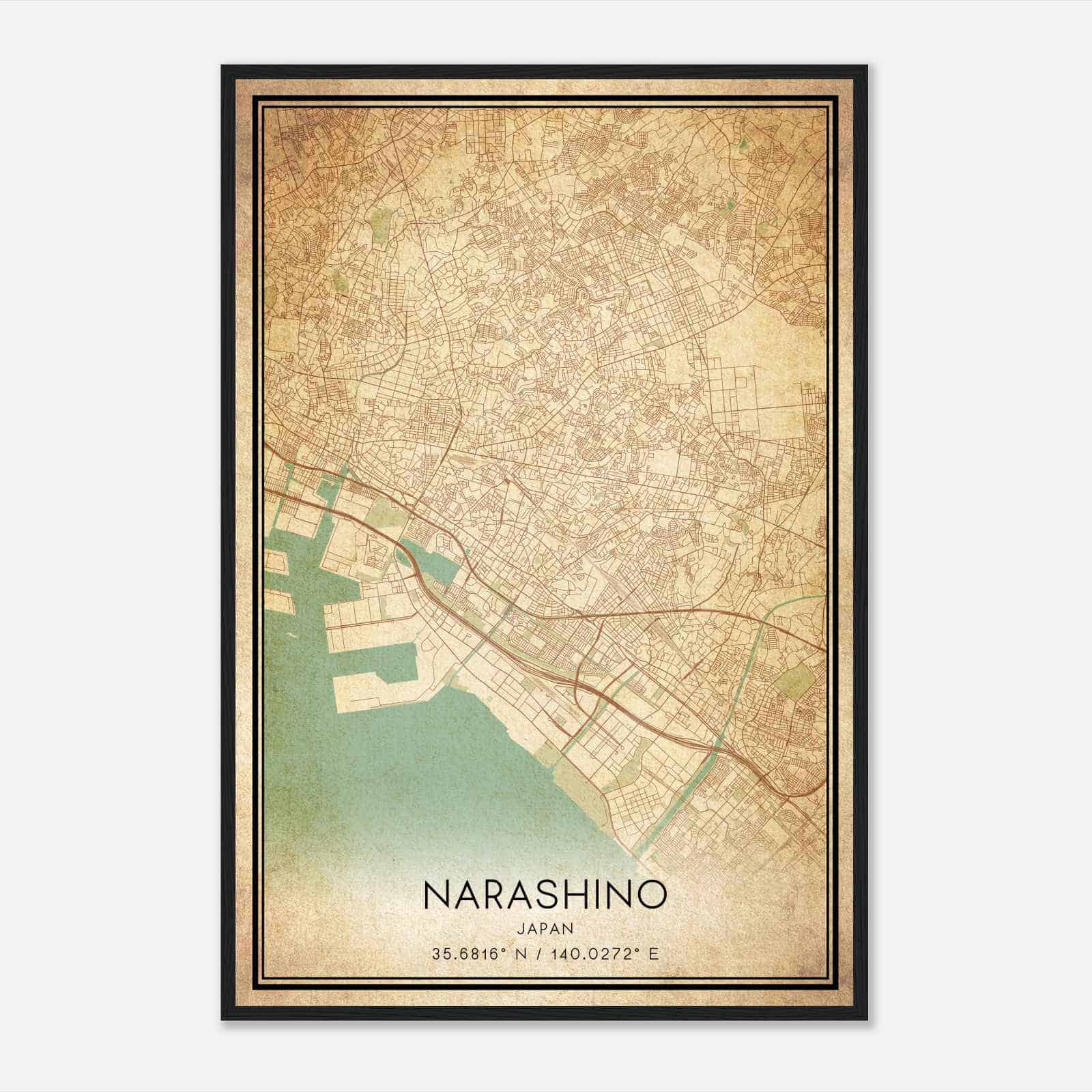 Vintage Narashino Japan Map Poster, Narashino City Road Wall Art Print