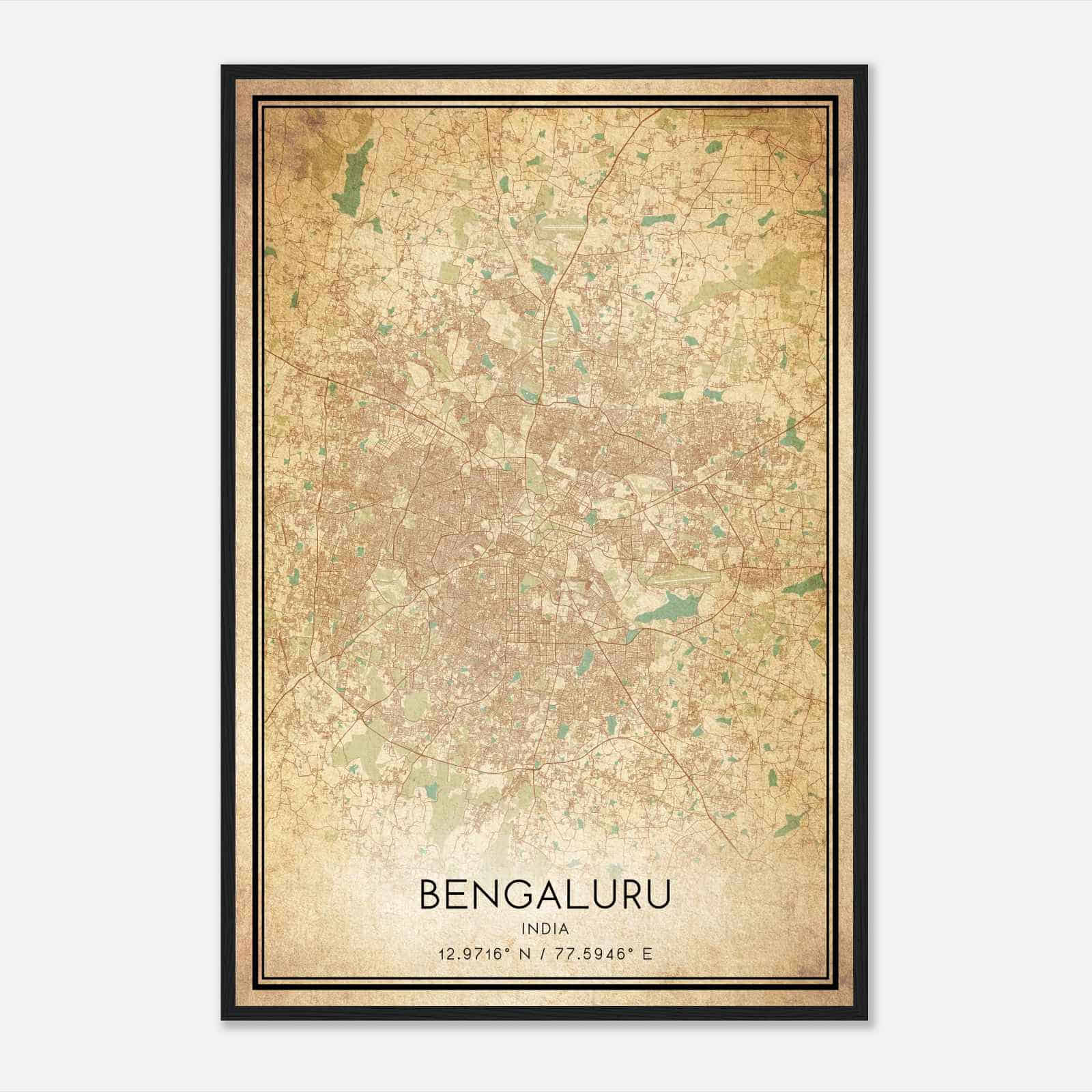 Vintage Bengaluru India Map Poster, Bengaluru City Road Wall Art Print
