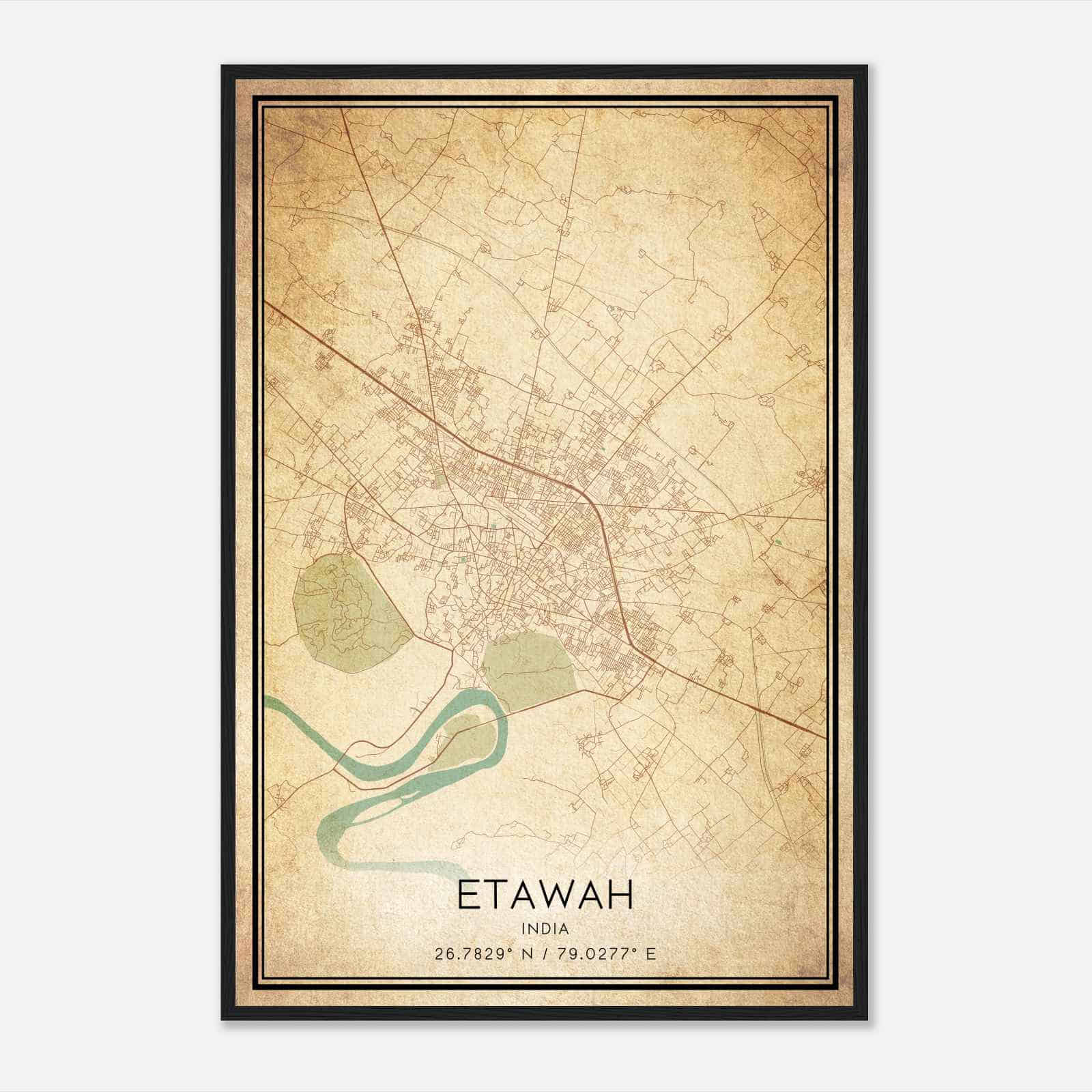 Vintage Etawah India Map Poster, Etawah City Road Wall Art Print