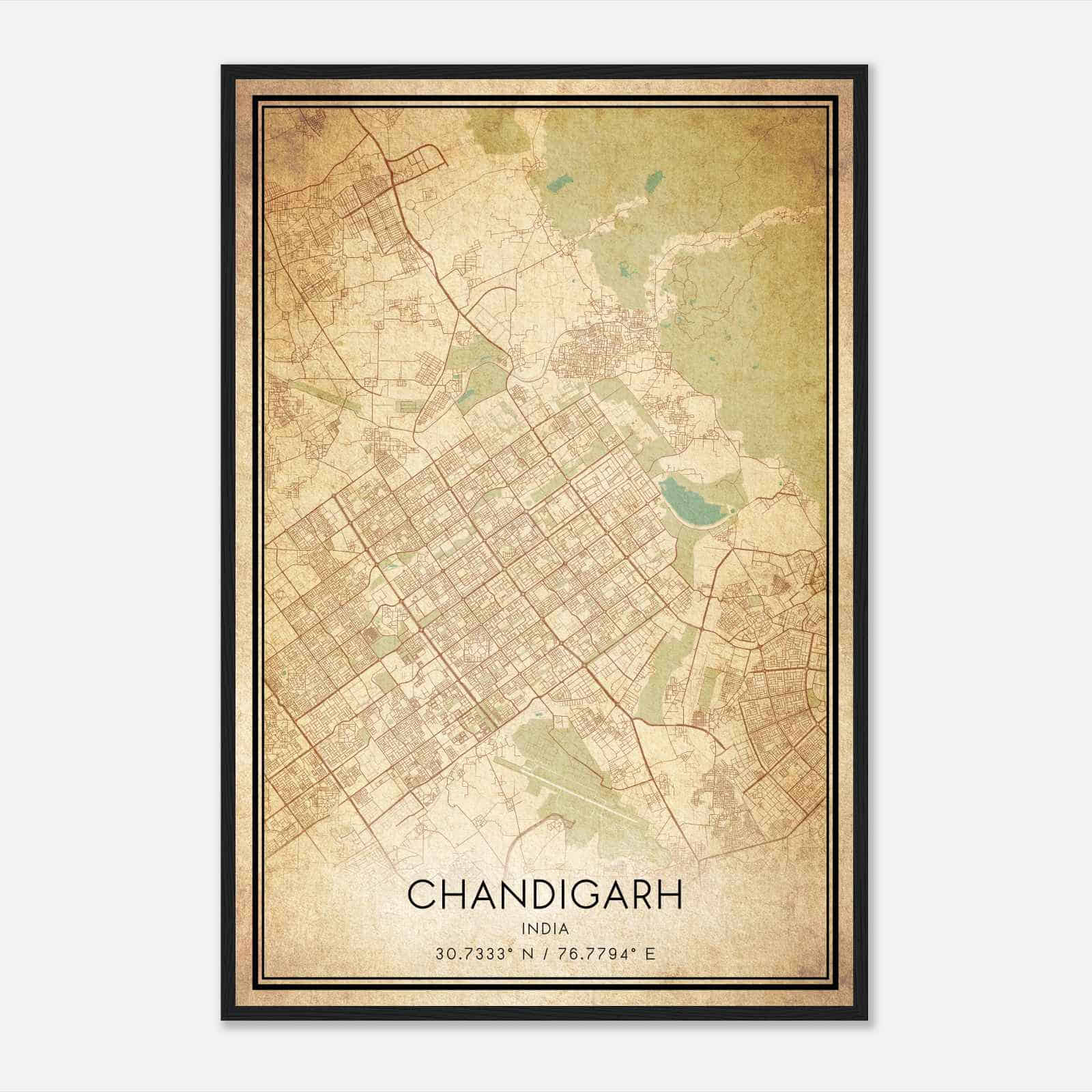 Vintage Chandigarh India Map Poster, Chandigarh City Road Wall Art Print