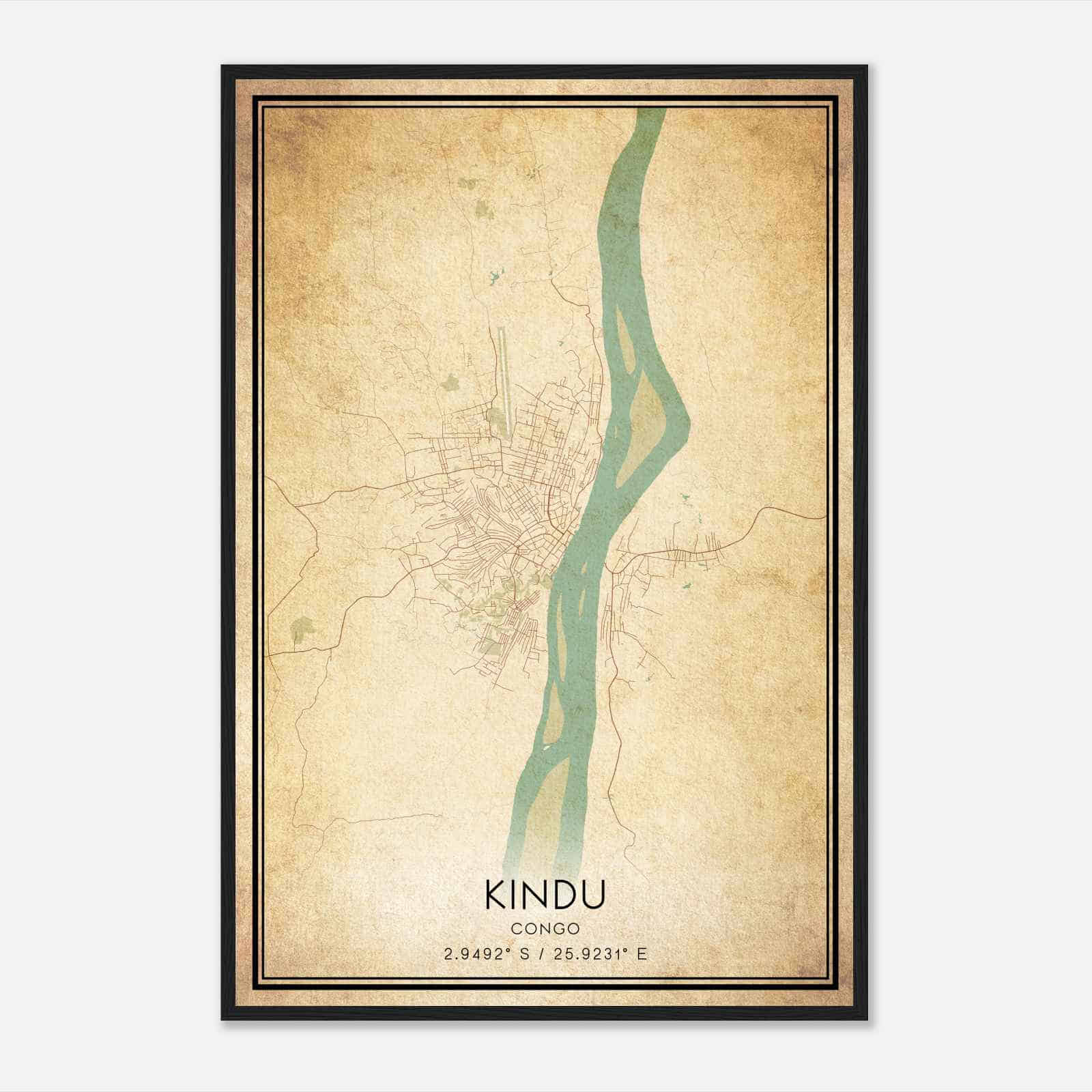 Vintage Kindu Congo Map Poster, Kindu City Road Wall Art Print
