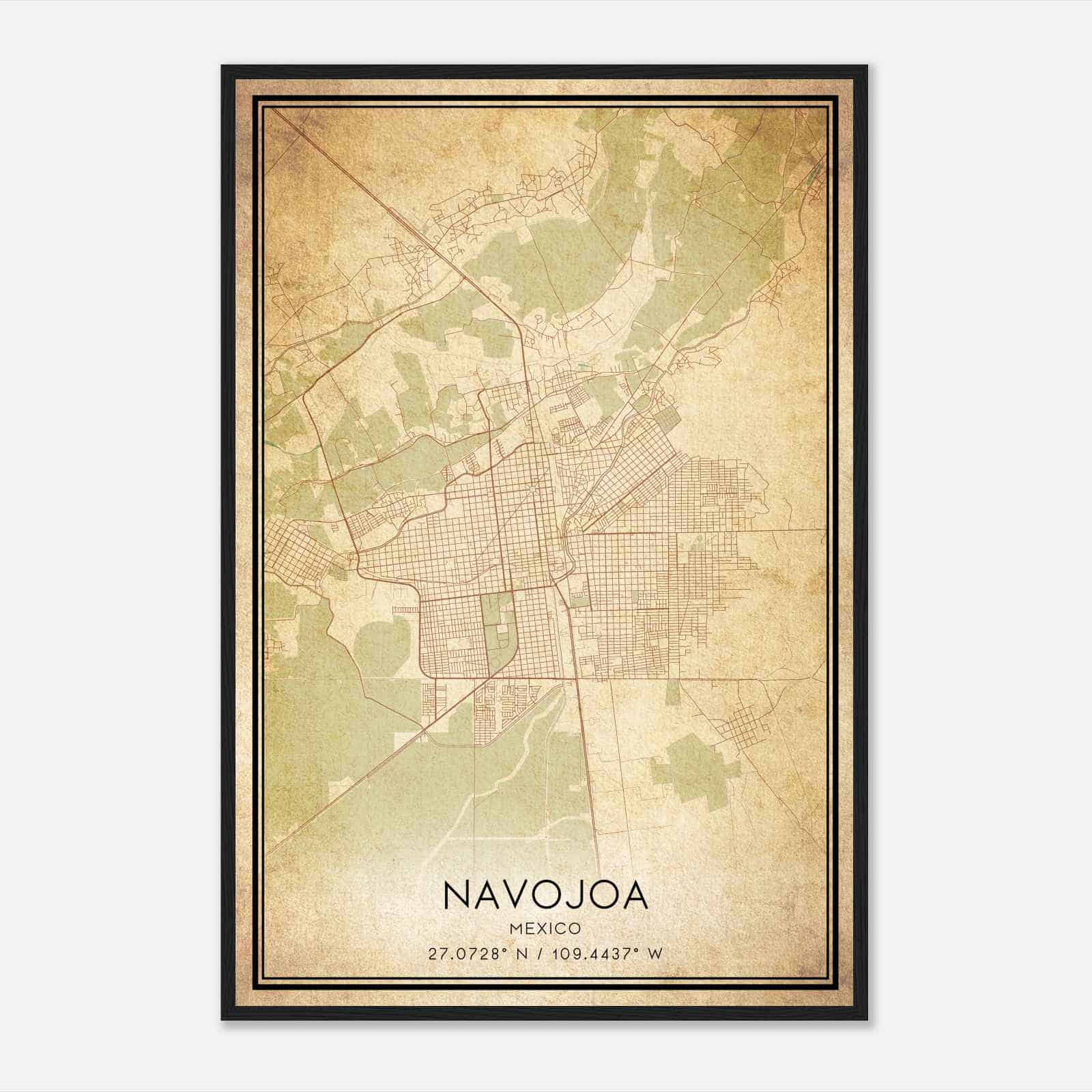 Vintage Navojoa Mexico Map Poster, Navojoa City Road Wall Art Print