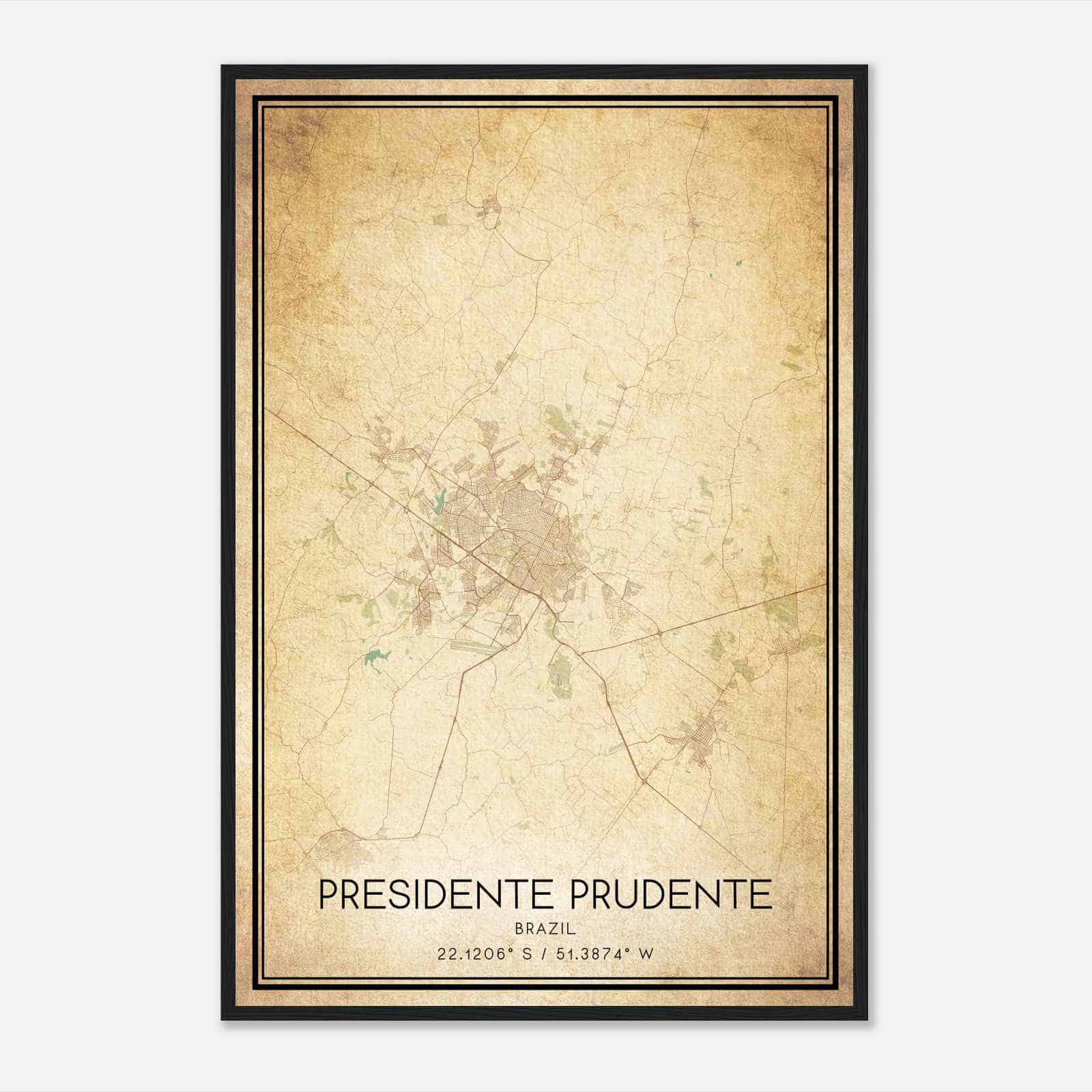 Vintage Presidente Prudente Brazil Map Poster, Presidente Prudente City Road Wall Art Print