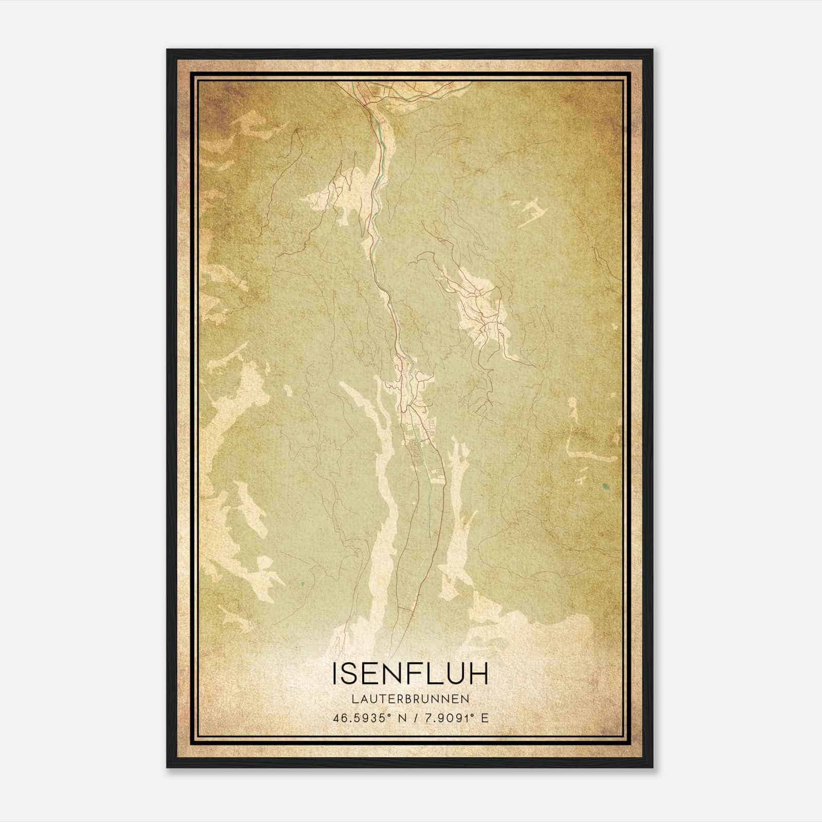 Vintage Isenfluh Lauterbrunnen Map Poster, Isenfluh City Road Wall Art Print