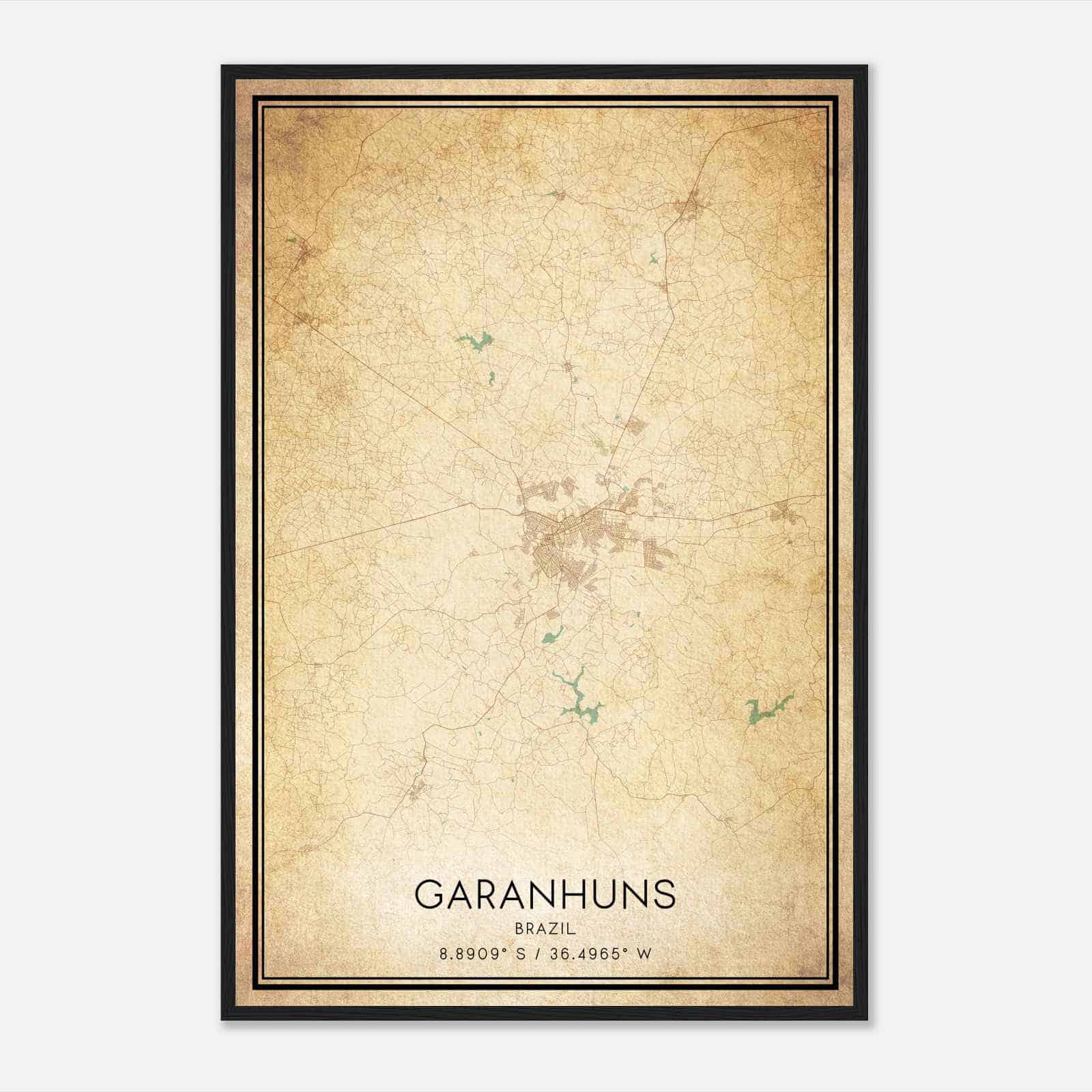 Vintage Garanhuns Brazil Map Poster, Garanhuns City Road Wall Art Print